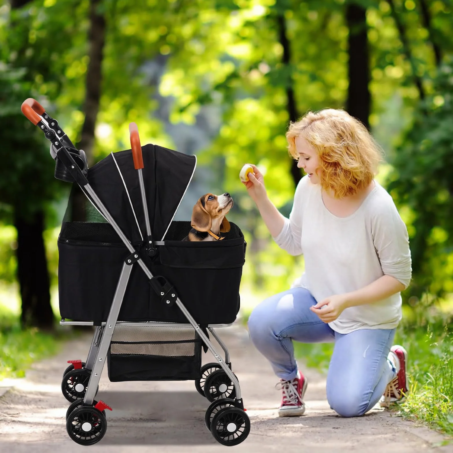 Wózek dla psa 3 w 1, składany wózek dla psa, do 20 kg, wózek dla psa z uniwersalnym kołem 360° z hamulcem, kosz do przechowywania, okno z siatki, uchwyt na kubek i regulowany uchwyt, dla psów kotów