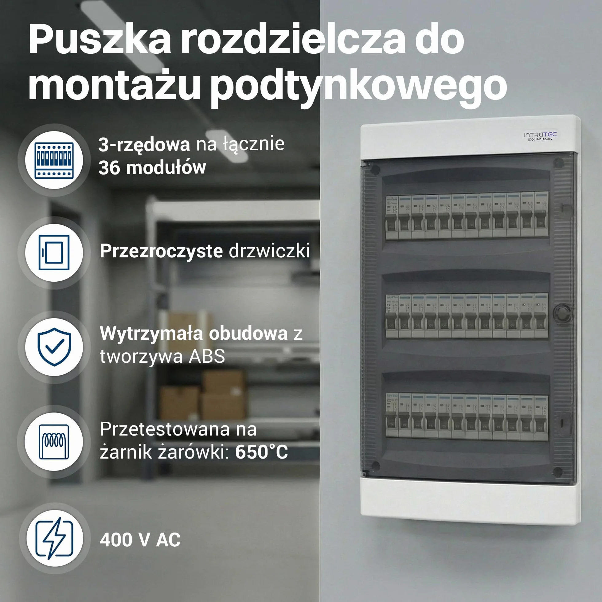 Intratec Skrzynka Rozdzielcza Podtynkowa 3 Rzędowa – Skrzynka Rozdzielcza IP40 na 36 Modułów z Przezroczystymi Drzwiami i Szyną do Łatwej Instalacji Elektrycznej w Domu i Firmie – 482 x 283 x 106mm