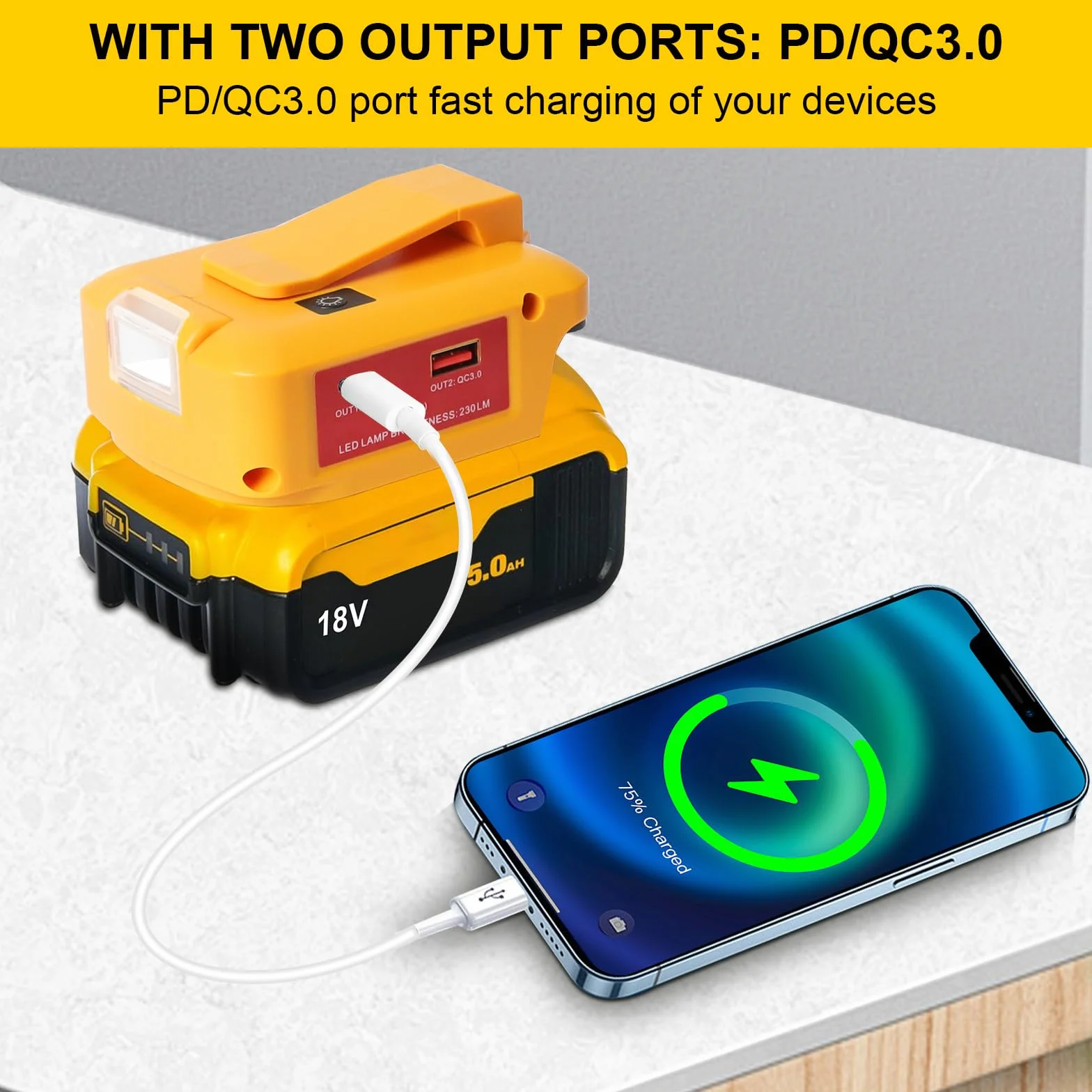 Adapter USB Dewalt 18 V konwerter światła roboczego LED podwójny port ładowania USB DC