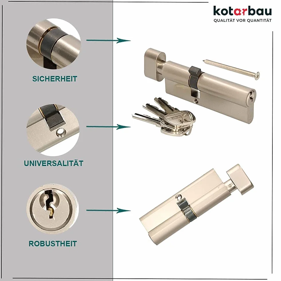 KOTARBAU Zamek Cylindryczny 30/30 Nikiel z Gałką - Cylinder Profilowy Do Drzwi - Zamek Podwójny