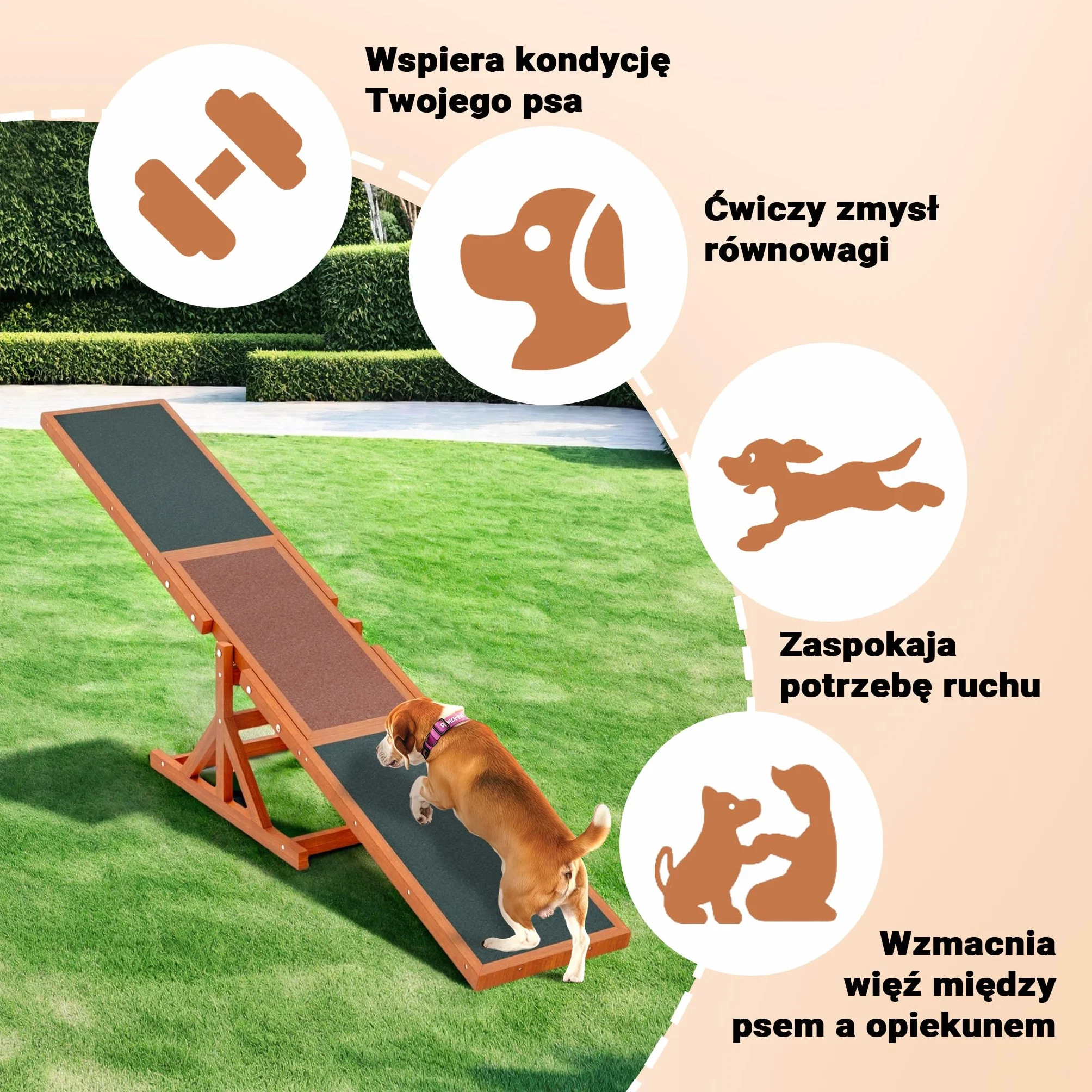 Wiltec Huśtawka agility dla psów 180x30x30cm drewniana do treningu zwinności do ogrodu i toru dla małych i dużych psów, sprzęt do zabawy i ćwiczeń