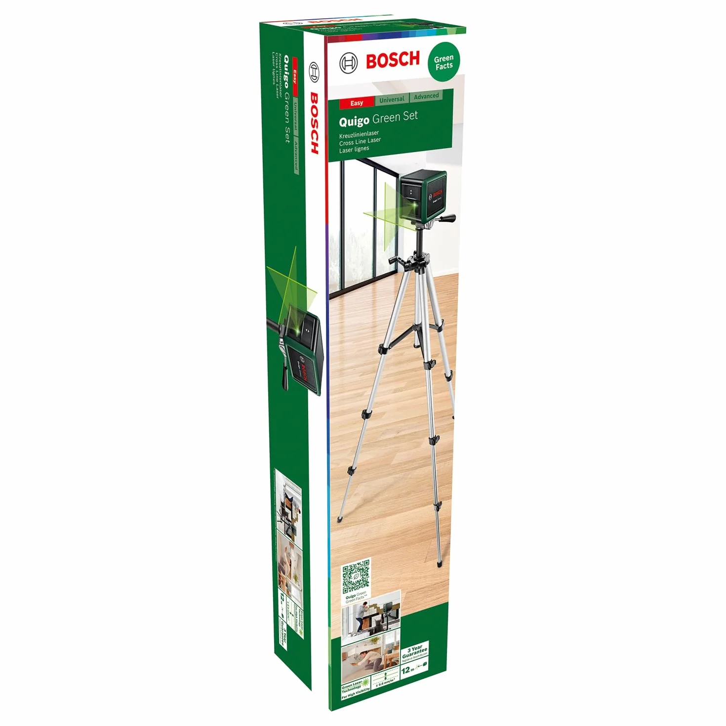 Bosch Home And Garden Laser Krzyżowy Quigo Green ze Statywem (Łatwe i Precyzyjne Wyrównywanie Elementów Dzięki Zastosowaniu Zielonej Wiązki Lasera o optymalnej Widoczności, Opakowanie Kartonowe)