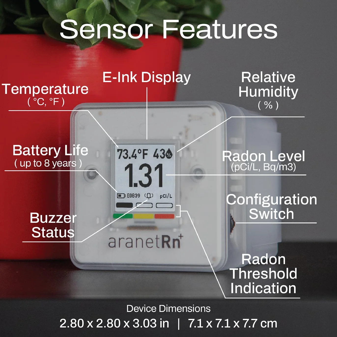 SAF Aranet Home Radon Detector : Pomiar 10 min, temperatura, wilgotność względna, ciśnienie, wyświetlacz e-Ink, 7-letnia bateria, przenośny z bezpłatną aplikacją