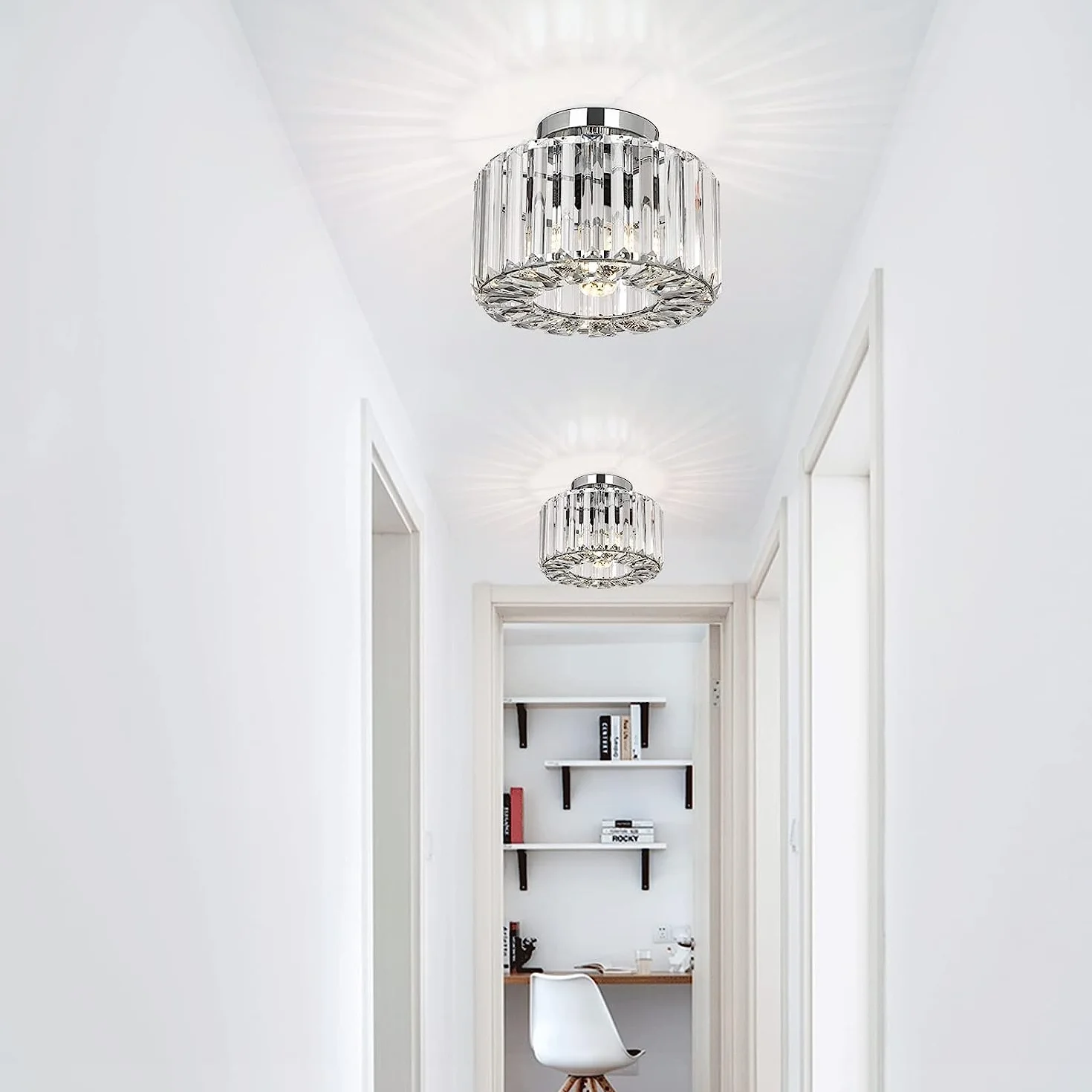 Frideko Home Nowoczesna kryształowa lampa sufitowa – Vintage K9 kryształowy żyrandol, metalowa klatka, abażur z metalu, oprawka E27, lampa sufitowa do kuchni, salonu, sypialni, chrom, Ø 22 cm