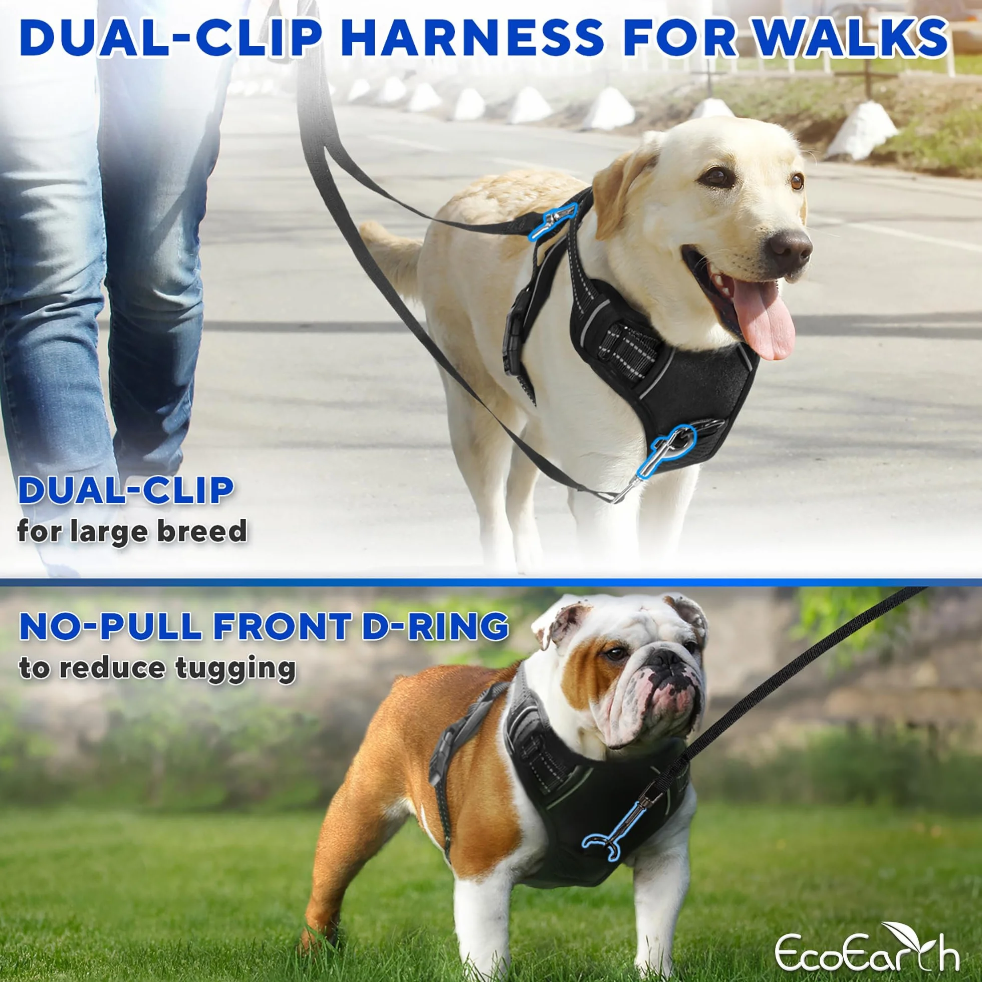 Dog Harness for Medium Dogs - Medium, Black - Soft Padded, Adjustable No Pull Design Pet Harness for Running and Hiking - by EcoEarth