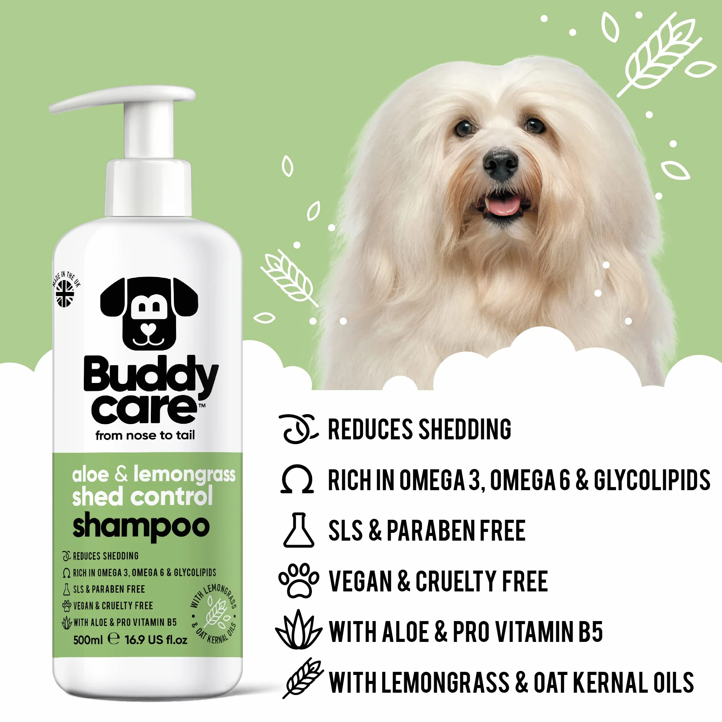 Buddycare Shed Control szampon dla psów, 500 ml, o zapachu aloesu i trawy cytrynowej, z aloesem i pro witaminą B5, szampon dla szczeniąt, delikatna formuła dla wszystkich ras, wegańska i wolna od