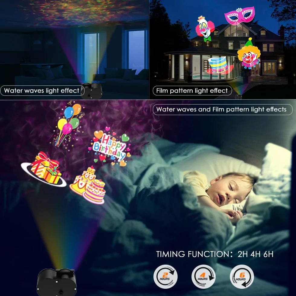 YAZEKY Christmas Projector Lights 16 wzorów LED 10 kolorów Efekt fali wodnej Pilot 2 w 1 IP65 Projektor płatków śniegu Dekoracja lampy na Boże Narodzenie, urodziny, wesele, na zewnątrz, wewnątrz