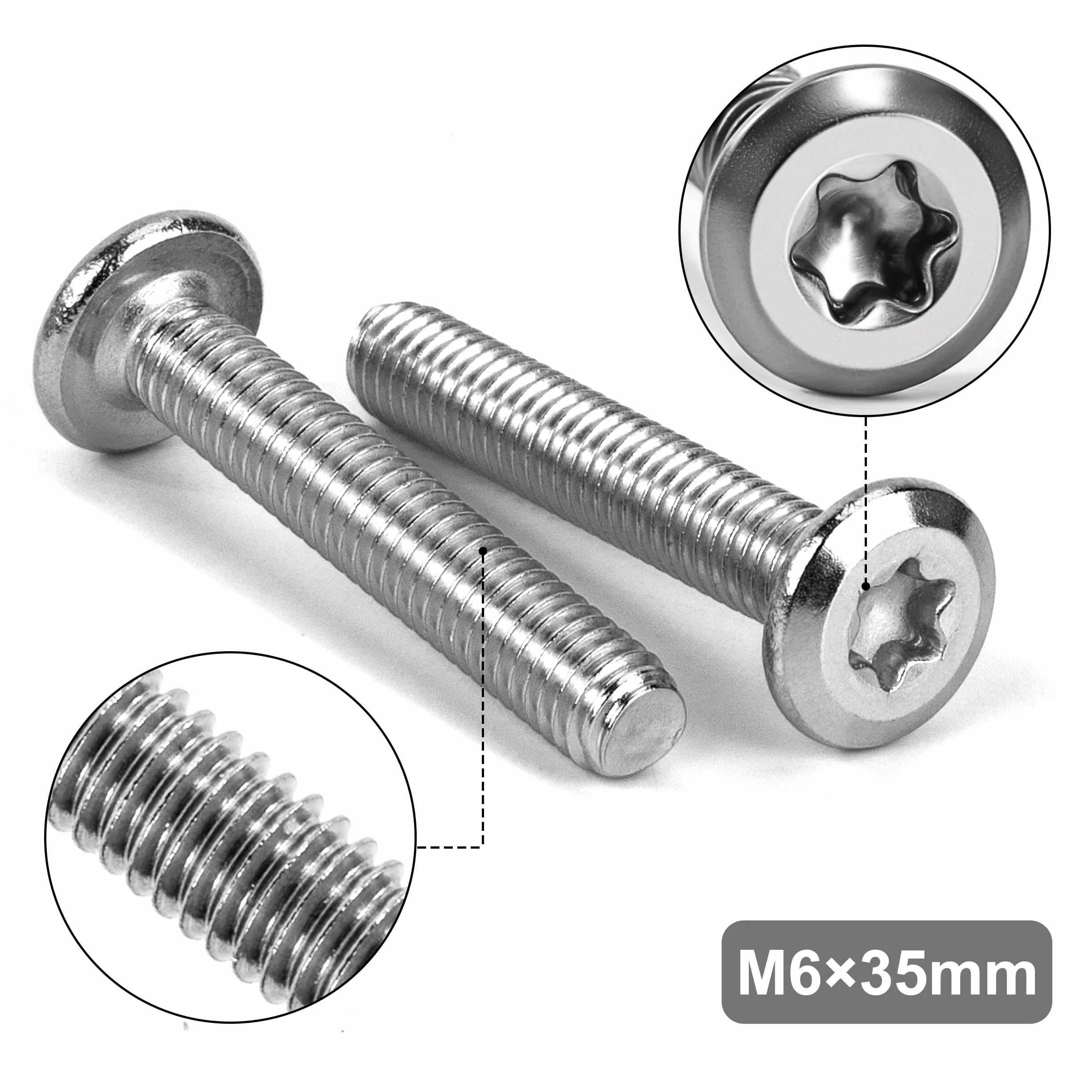 Tunejoy Śruby z łbem płaskim Torx M6 x 35 mm Śruba z łbem sześciokątnym Śruby ze stali nierdzewnej A2 V2A Śruby meblowe z kluczem T30 pełny gwint 30 sztuk