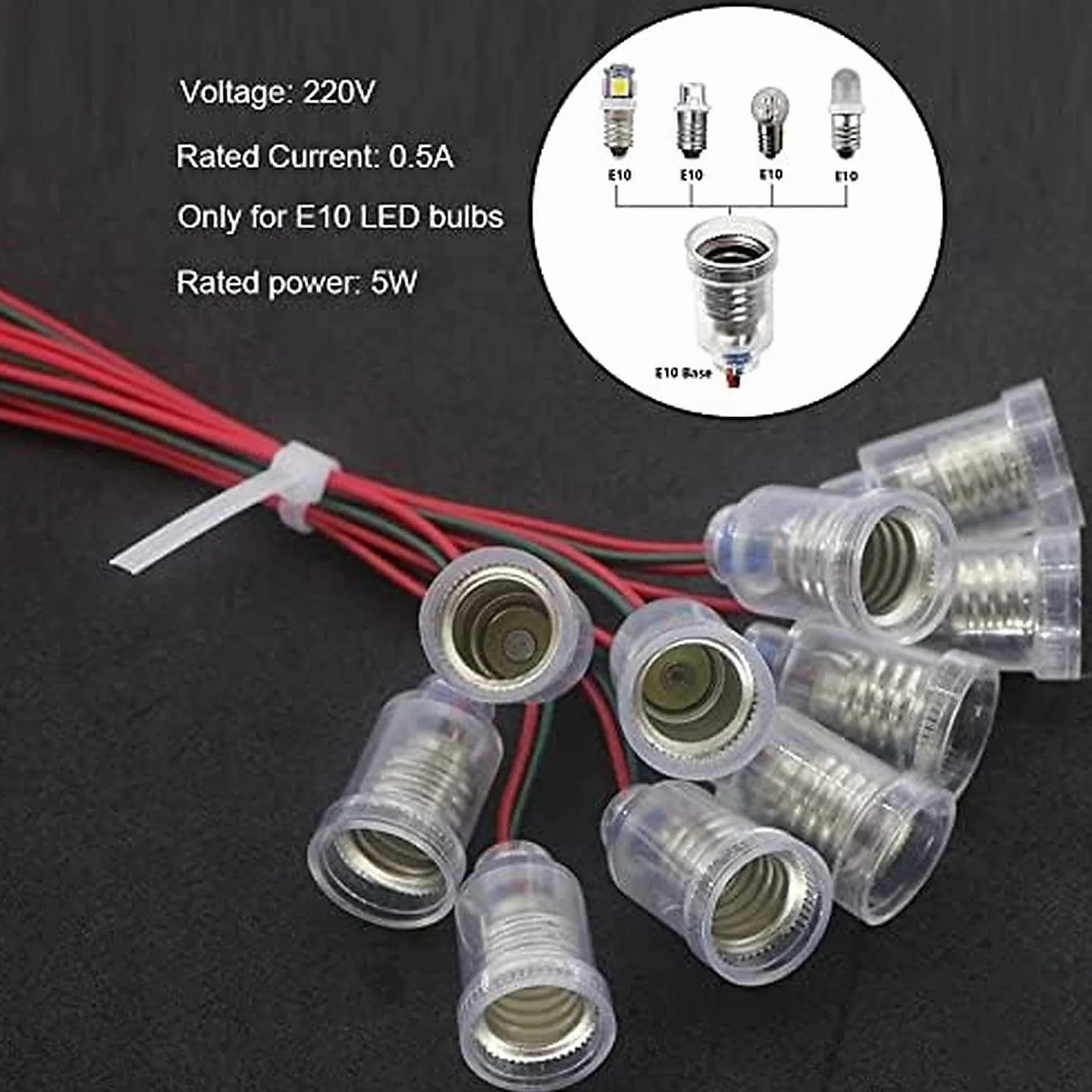 12 sztuk oprawek lampowych E10 z drutem 220V 0,5A 5W gniazdo z plastikowym uchwytem do śrubowych lamp LED - akcesoria do domowych eksperymentów elektrycznych