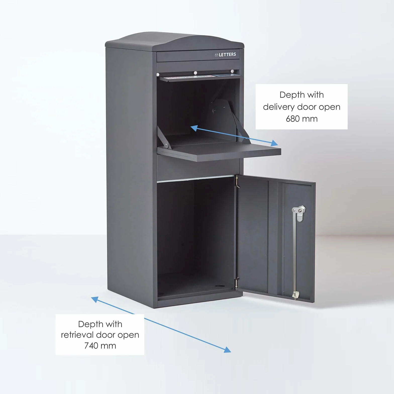 SMART PARCEL BOX Duża skrzynka na paczki na zewnątrz, odporna na warunki atmosferyczne, szara skrzynka dostawcza, zakrzywiona góra, bezpieczny dostęp z przodu, trwała stal ocynkowana, zamykana na