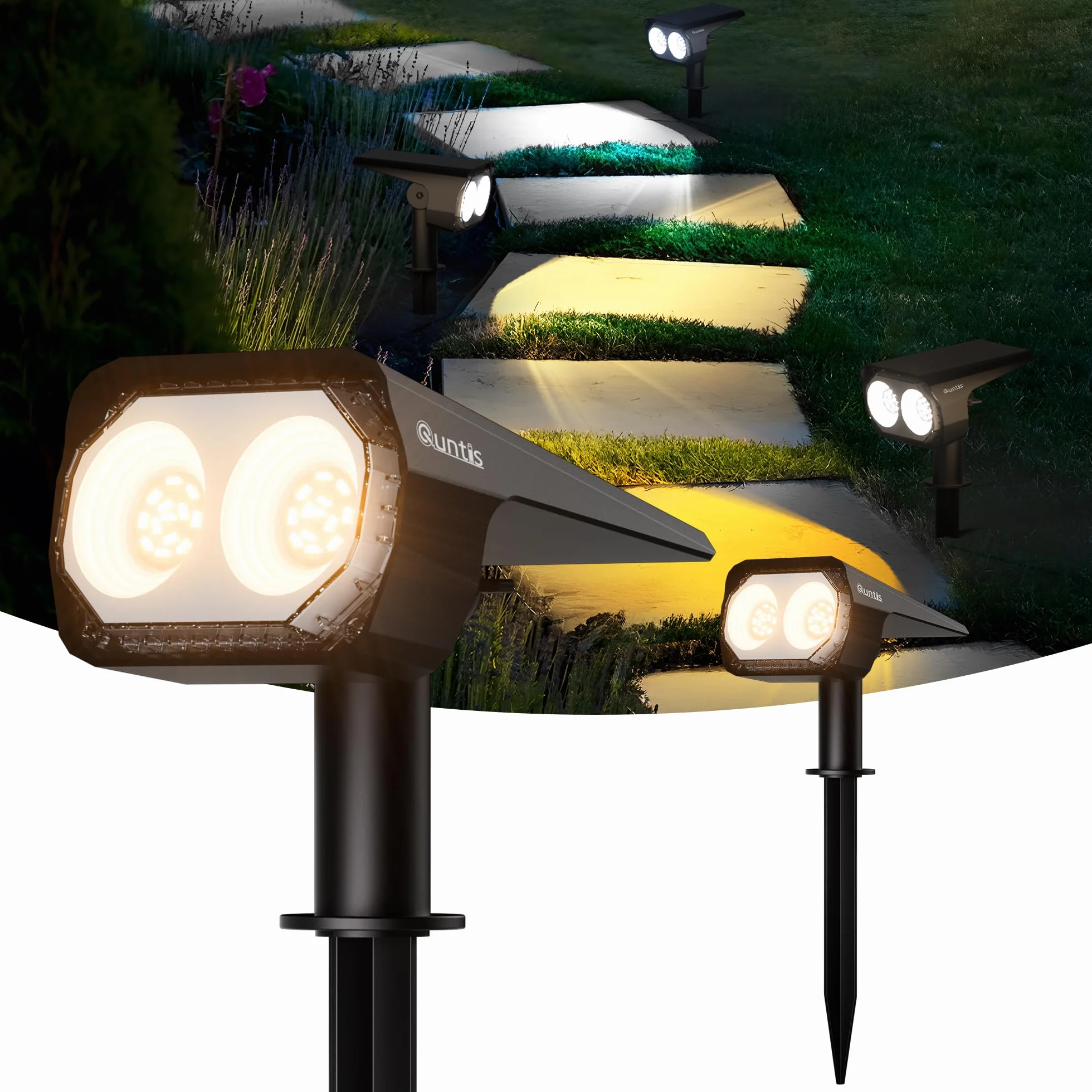 Zewnętrzny reflektor słoneczny Quntis 26LEDs zestaw 2, wodoodporna zewnętrzna lampa słoneczna IP65 z 3 kolorami i 6 trybami, kabel ładujący USB C Zewnętrzne światło słoneczne do dekoracji ogrodu