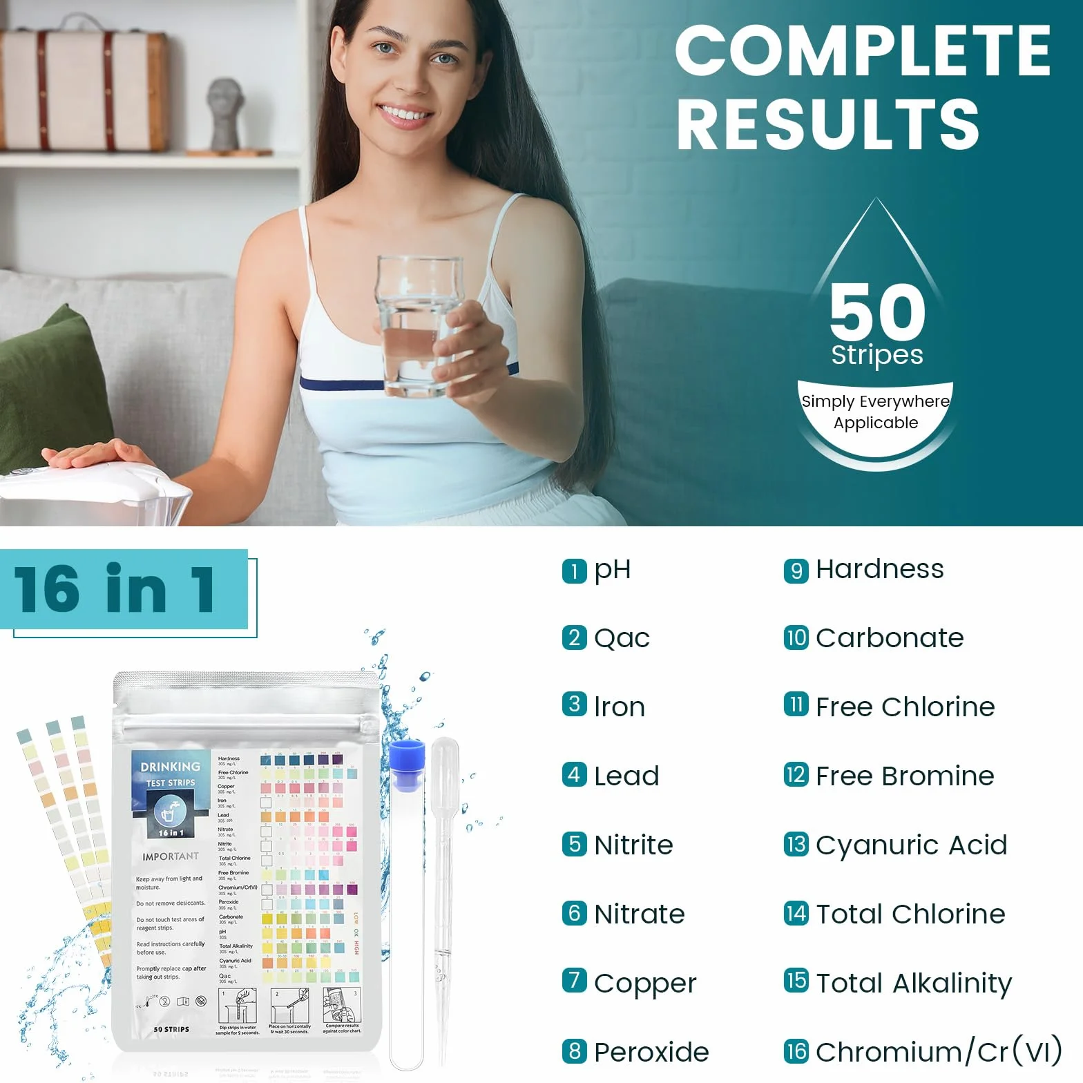 16 w 1 paski testowe do wody pitnej – 50 pasków Testy wody do wody pitnej Szybki test/paski testowe do basenu Whirlpool na akwarium/paski testowe do całkowitej twardości wartości pH Brom Chlor