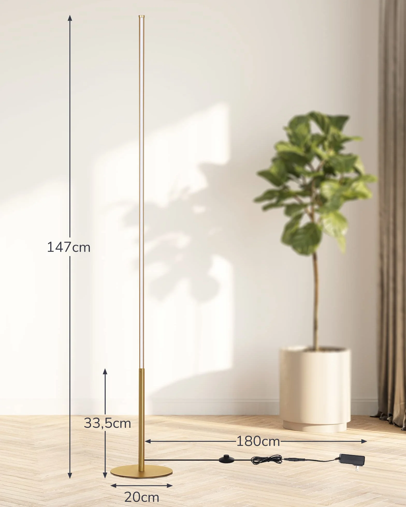 EDISHINE Lampa stojąca do salonu, ściemniana lampa stojąca LED, 3000 K ciepła biel, nowoczesna lampa podłogowa z przełącznikiem nożnym, 146 cm złota kolumna świetlna do salonu, sypialni i biura.