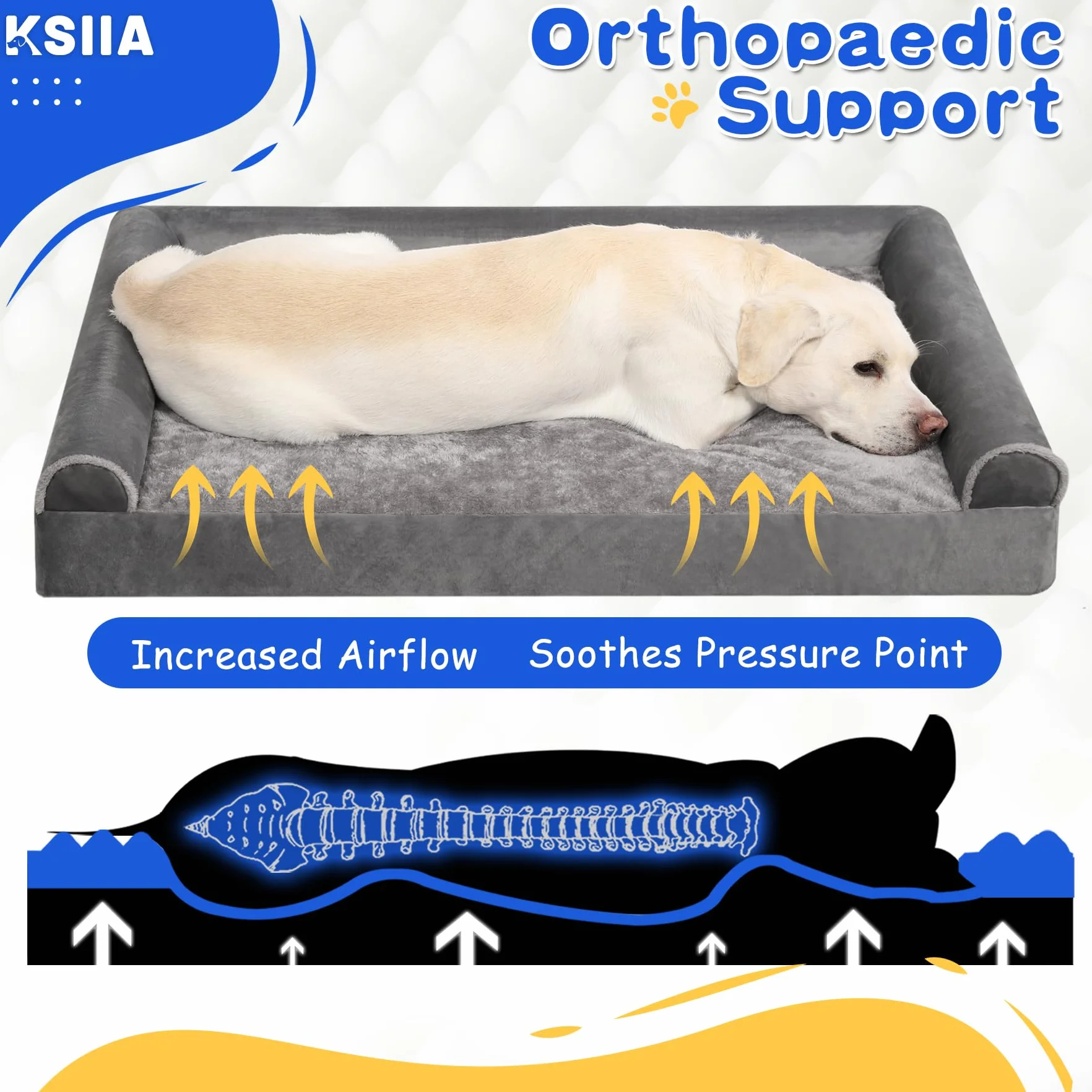 KSIIA Legowisko dla dużych psów ortopedyczne, Łóżko dla psa, poduszka dla psa 121x76x18cm zdejmowana sofa dla psa, zmywalne antypoślizgowe, XXL Szary