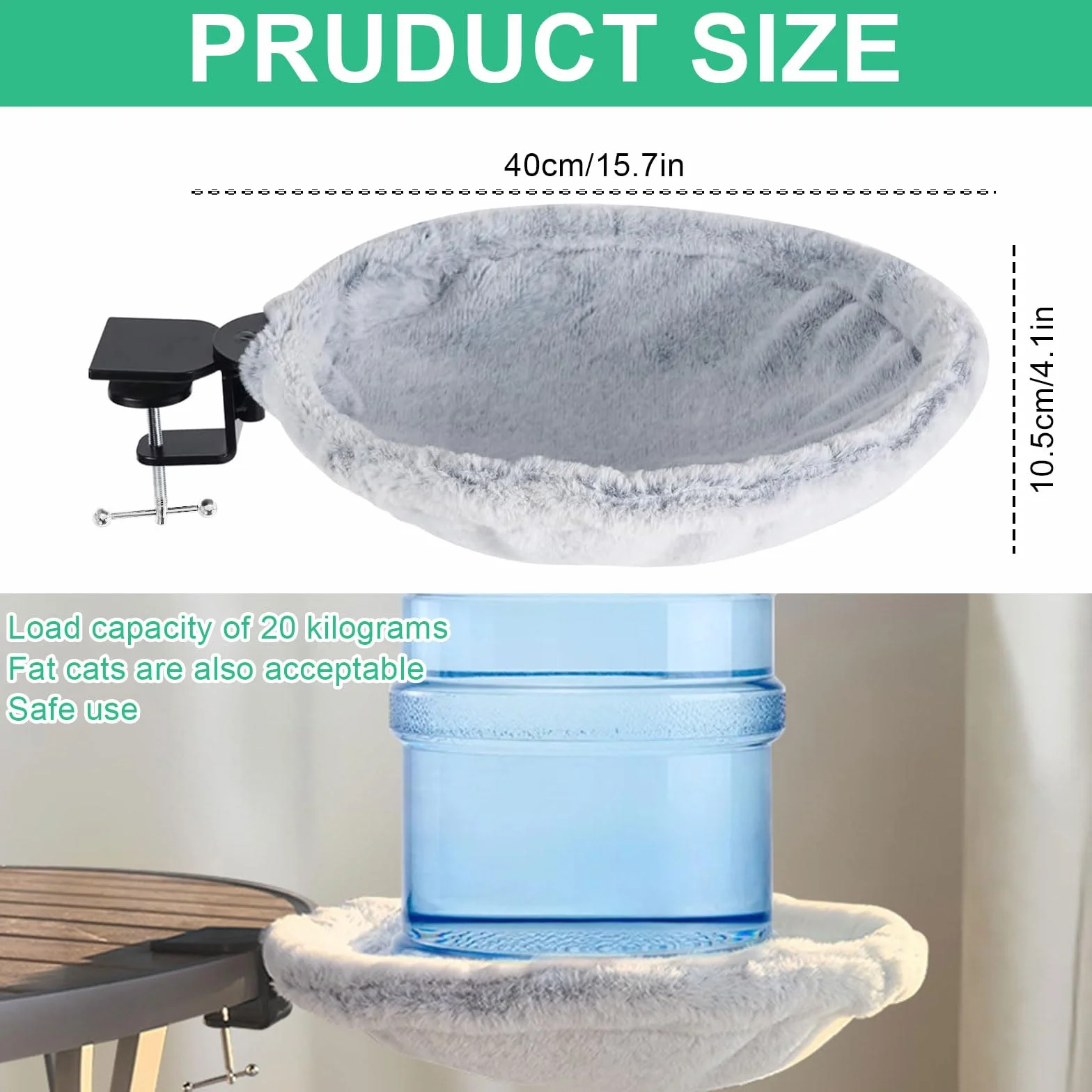 Legowisko dla kota na biurko – średnica od 40 cm do 20 kg, zdejmowany, przenośny stojak do legowiska dla kota, miękki hamak dla kotów, miejsce do spania dla kota do domowego biura, szare