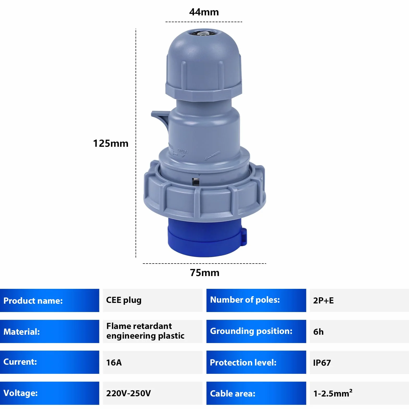 Adapter Przemysłowy 250V 16A 2P + E, 3-Pinowy Adapter Wtyczki/Gniazda Elektrycznego CEE Ip67 Wodoodporne Ognioodporne Złącze Sprzęgła Gniazdowego (Wtyczka)