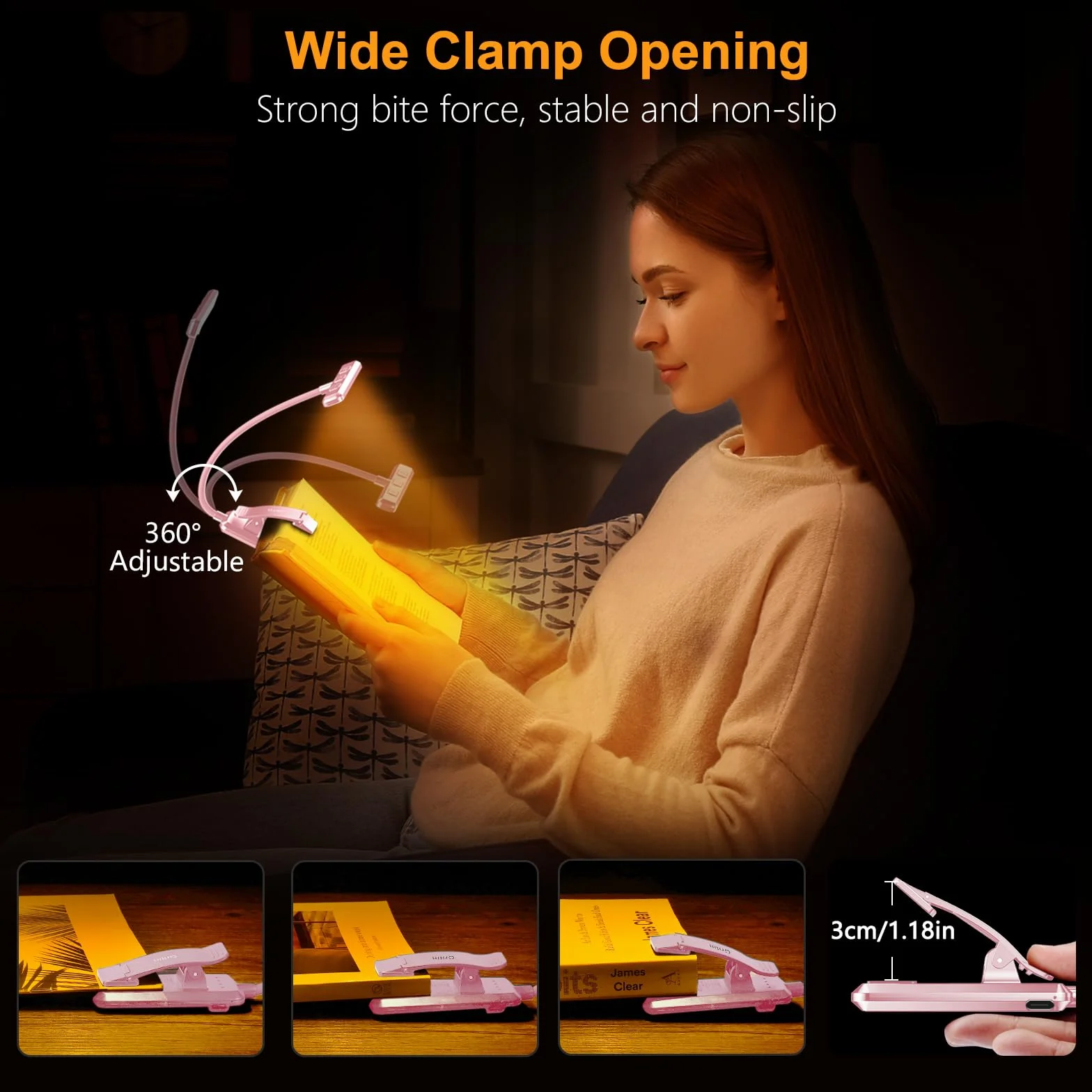 Gritin Lampka do Czytania 19 LED, Ładowana Przez USB, 3 Tryby Temperatury Barwowej, Długa żywotność baterii, Płynna Regulacja Jasności, Elastyczna Lampka Zaciskowa 360° do Czytania w Łóżku -Różowy