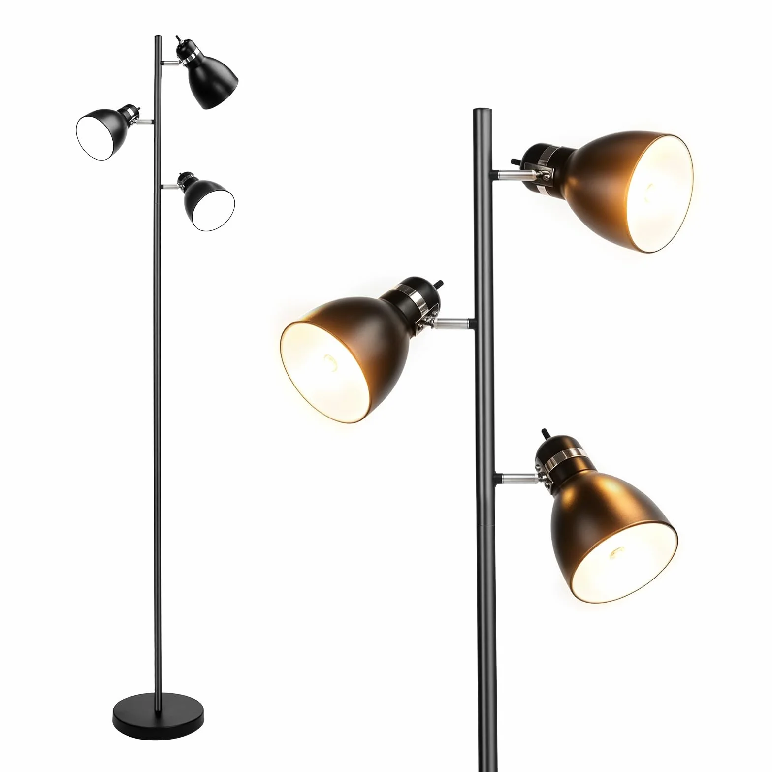 FIRVRE Lampa stojąca w kształcie drzewa z 3 regulowanymi obrotowymi metalowymi głowicami, czarna rustykalna lampa przemysłowa, lampa stojąca do salonu, sypialni, biura, podstawa E27