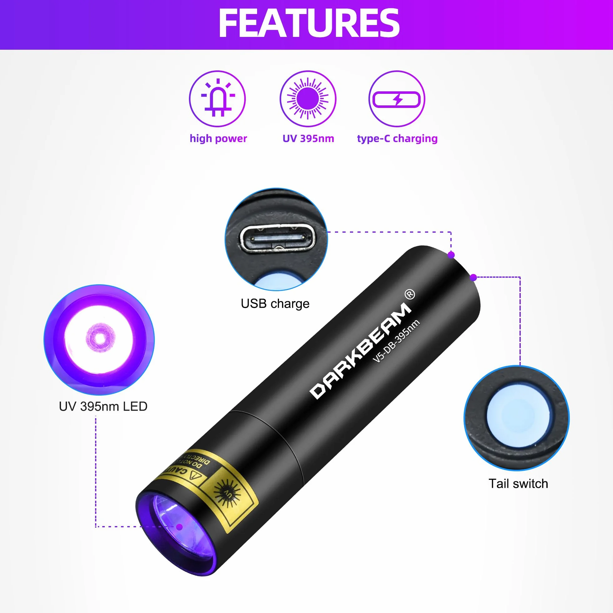 DARKBEAM Latarka UV 395 NM, ręczna lampa drewniana, mini światła ultrafioletowe, USB-C ładowalna czarna latarka LED, wykrywacz moczu dla zwierząt domowych, do wykrywania fluorescencji i utwardzania