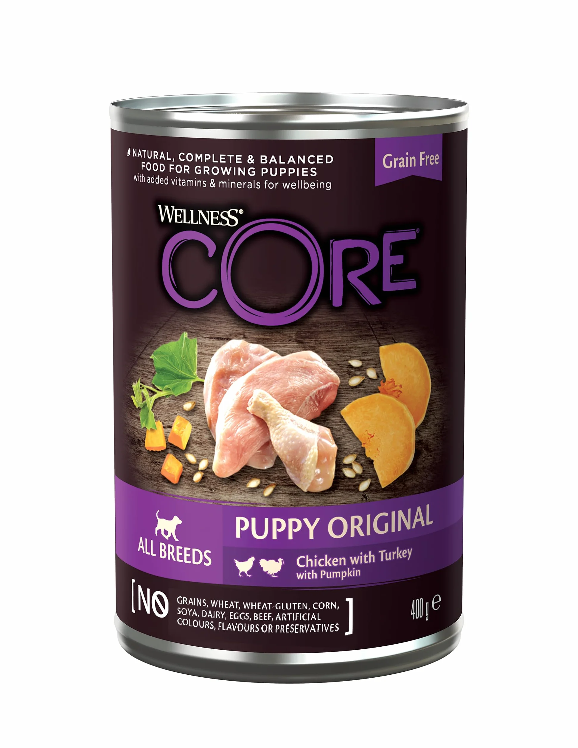 Wellness CORE 95% 6 x 400g, Kurczak i Indyk – Mokra Karma, Pasztet typu Chunky dla Szczeniąt, Bezzbożowa, Naturalna, Hipoalergiczna, Bogata w Białko, o Wysokiej Zawartości Mięsa