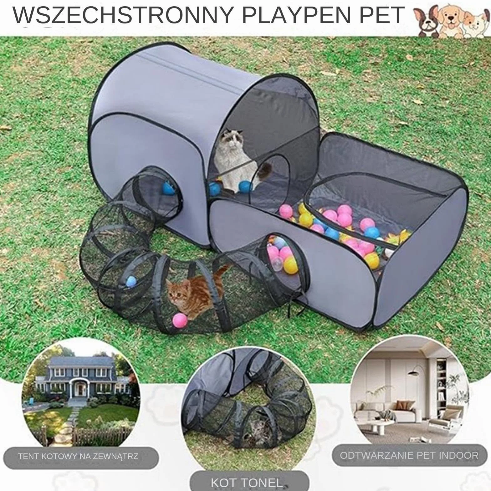 Cat Playpen - Cat Enclosure Tunnels, Dog Play Pen, Foldable Enclosure House Interactive Toys Exercise Playground for Kitten Puppy Small Animals Travel Outdoor, Portable Pets Playpen