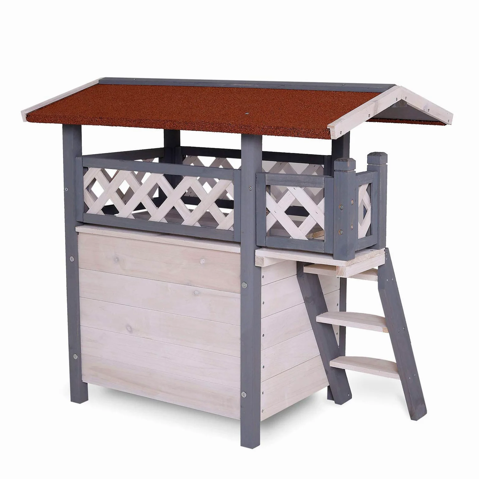 Lionto Altana ogrodowa dla kota z drewna 77x50x73 cm, taras, schodki, listwy PVC, szaro-biała