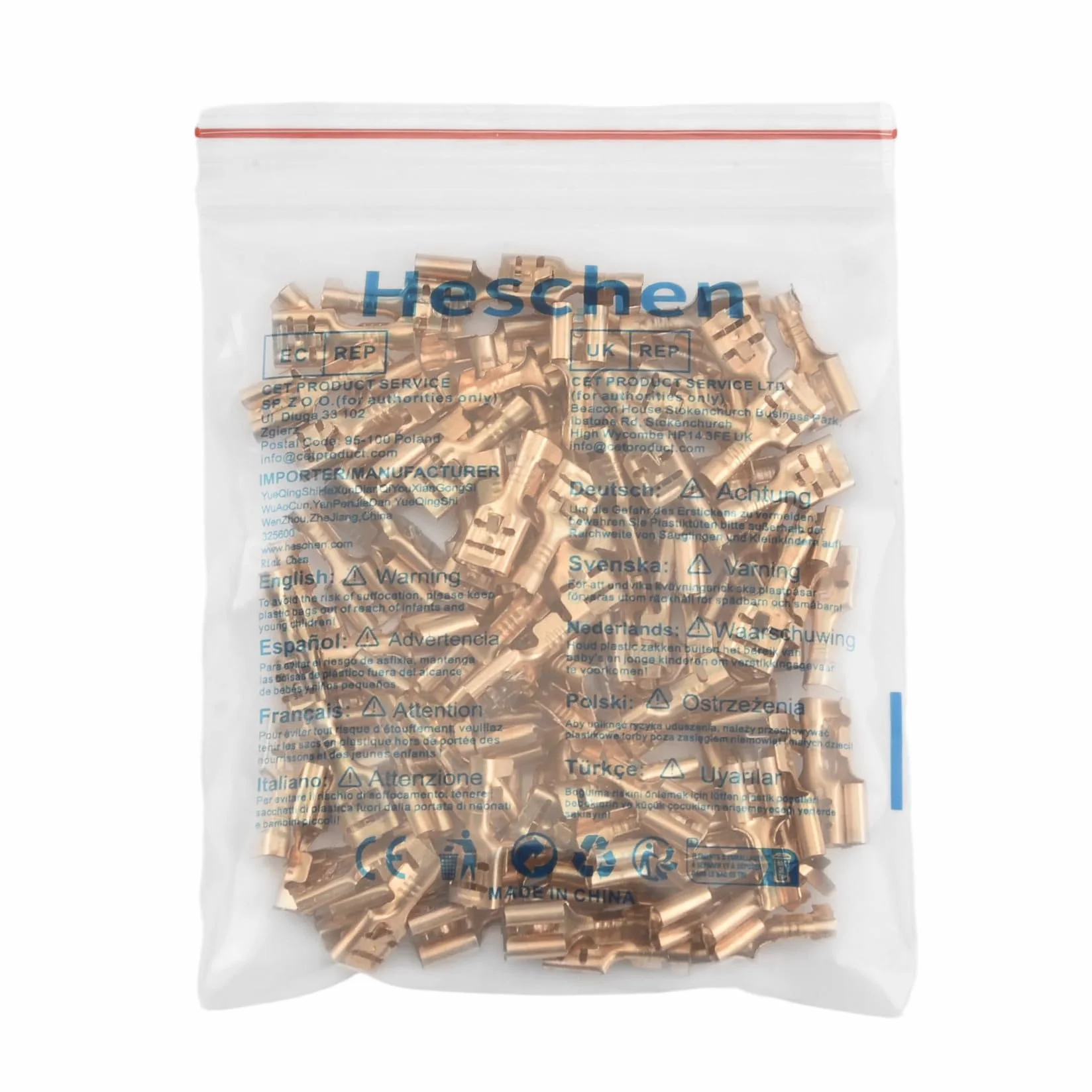 Heschen 100 szt. zacisków widełkowych, 6,3 mm, mosiądz, nieizolowane, do kabli 1-1,5 mm²