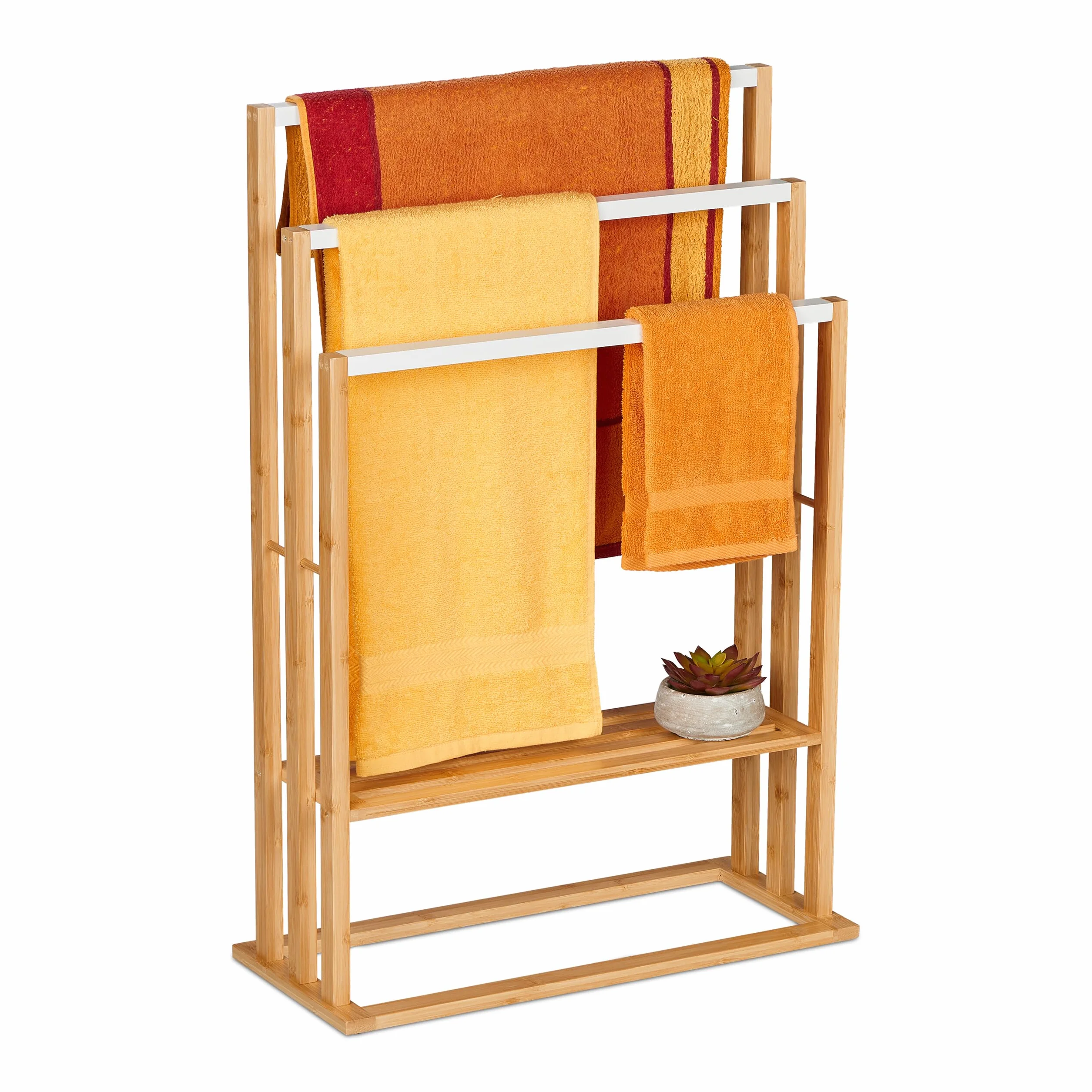 Relaxdays Wieszak na ręczniki, bambus, 3 drążki i półka, wys. x szer. x gł.: 82 x 55 x 24 cm, wolnostojący, łazienkowy wieszak na ręczniki prysznicowe, naturalny/biały