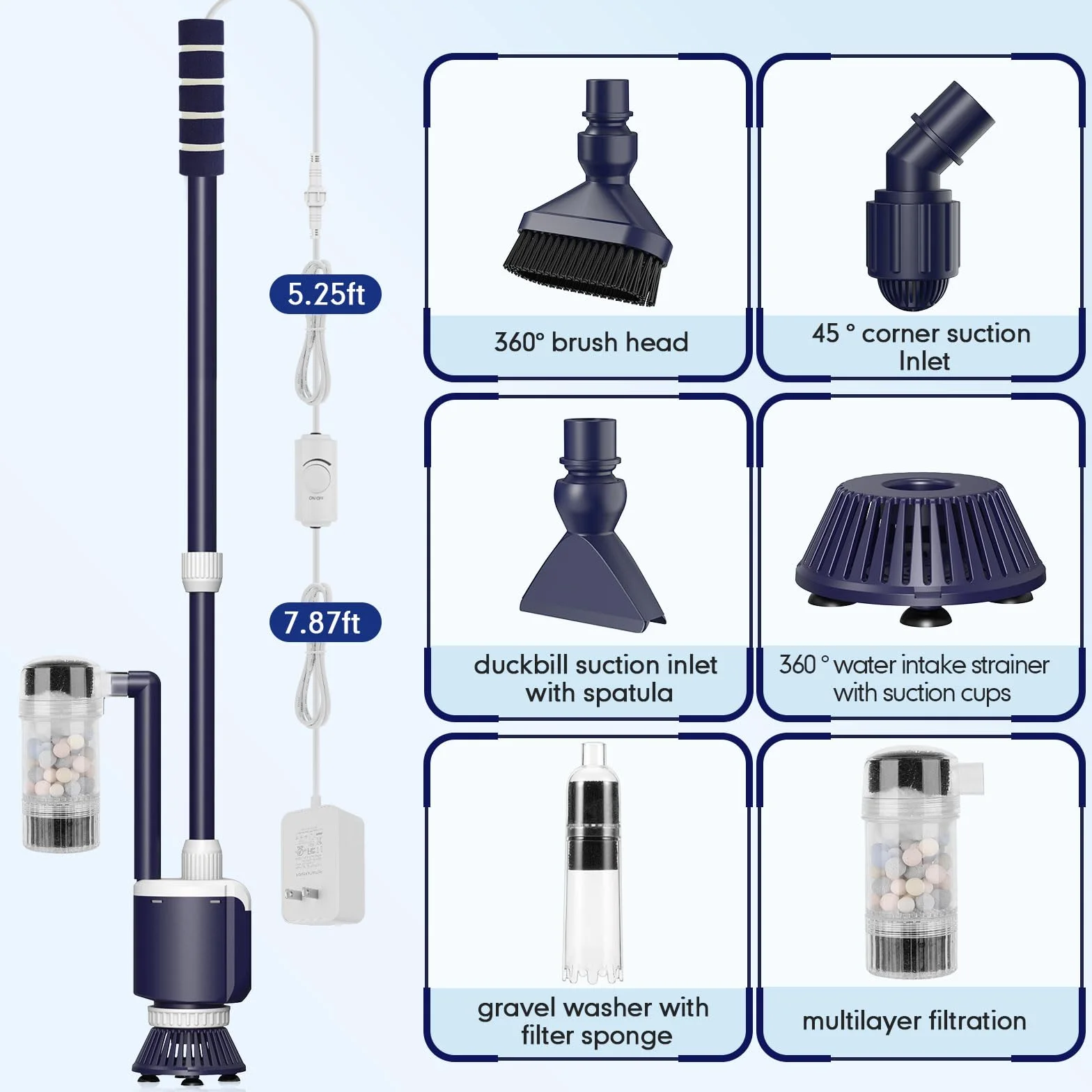 AQQA Odkurzacz do akwarium, DC 2300 l/h, regulowany przepływ wody, elektryczny odkurzacz mulmowy, do akwarium, 32 W, elektryczny odkurzacz mulmowy z potrójną filtracją do wymiany wody, czyszczenie