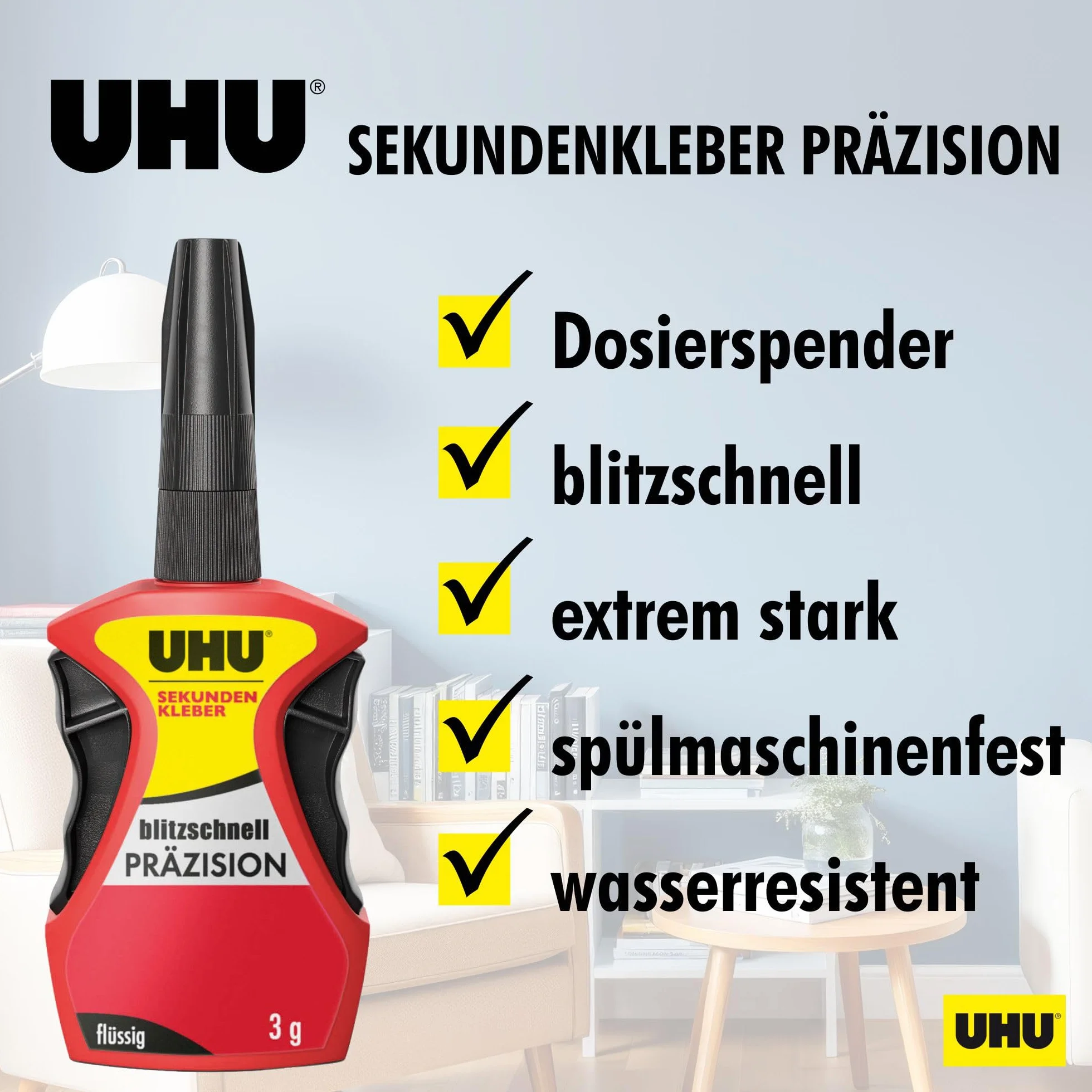 UHU Klej błyskawiczny błyskawicznie precyzyjny, klej błyskawiczny w dozowniku z "Easy Grip System" do wyjątkowo precyzyjnych aplikacji, 3 g