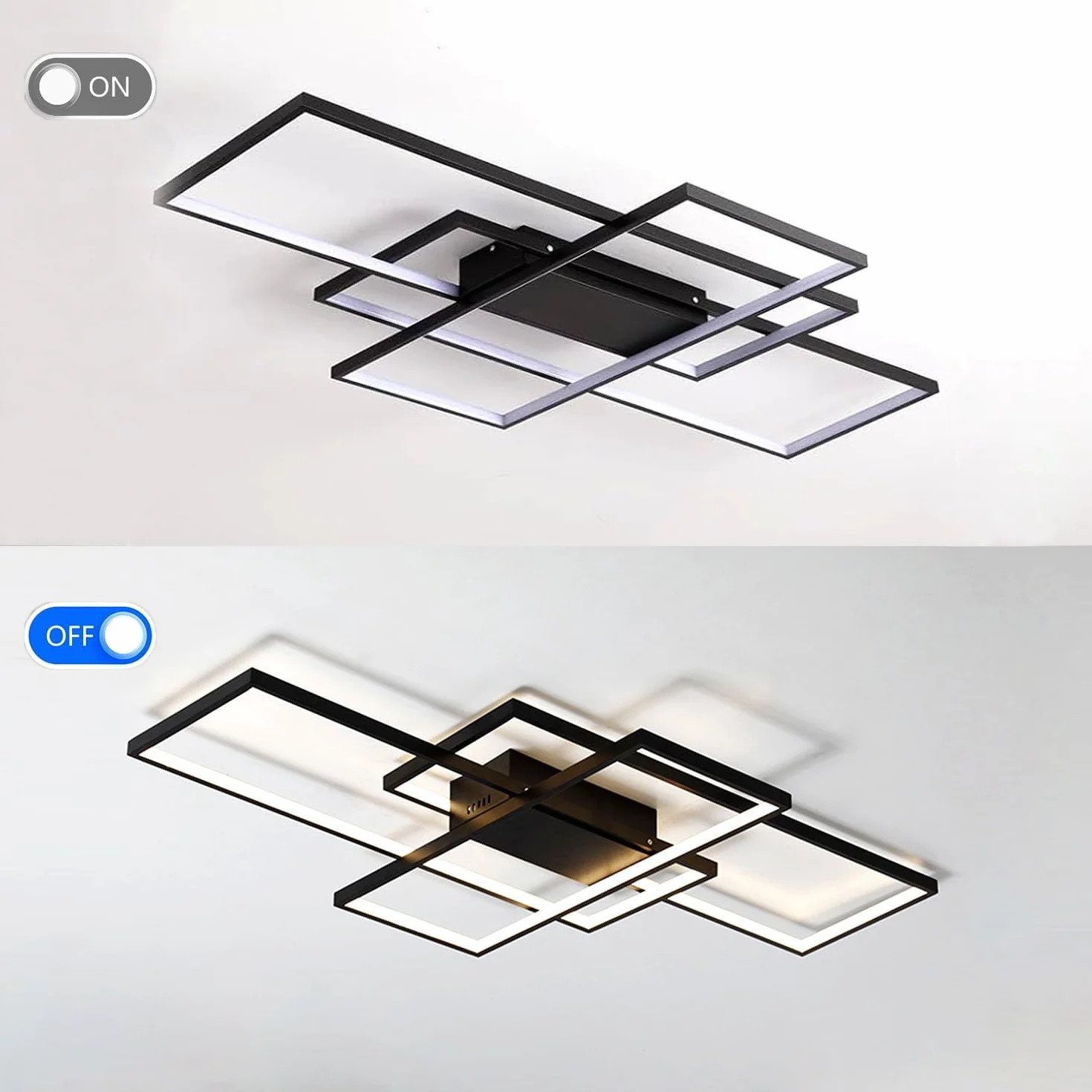 ASJK Lampa sufitowa Czarna 105W Nowoczesna lampa do salonu z pilotem, 3000k-6000k Geometryczne wielofunkcyjne oświetlenie sufitowe do salonu (140cm, czarny)