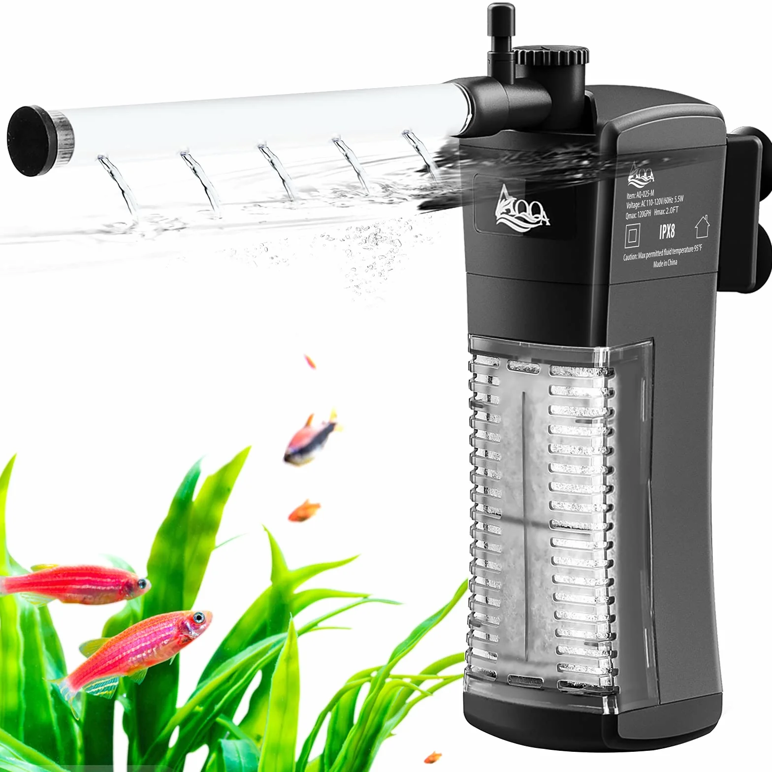 AQQA Filtr do akwarium, Regulowany filtr wewnętrzny do akwarium, Cichy 5.5W filtr gąbkowy do akwarium z pompą wodną 400L/H, Pompa akwariowa z filtrem na akwarium do 200L