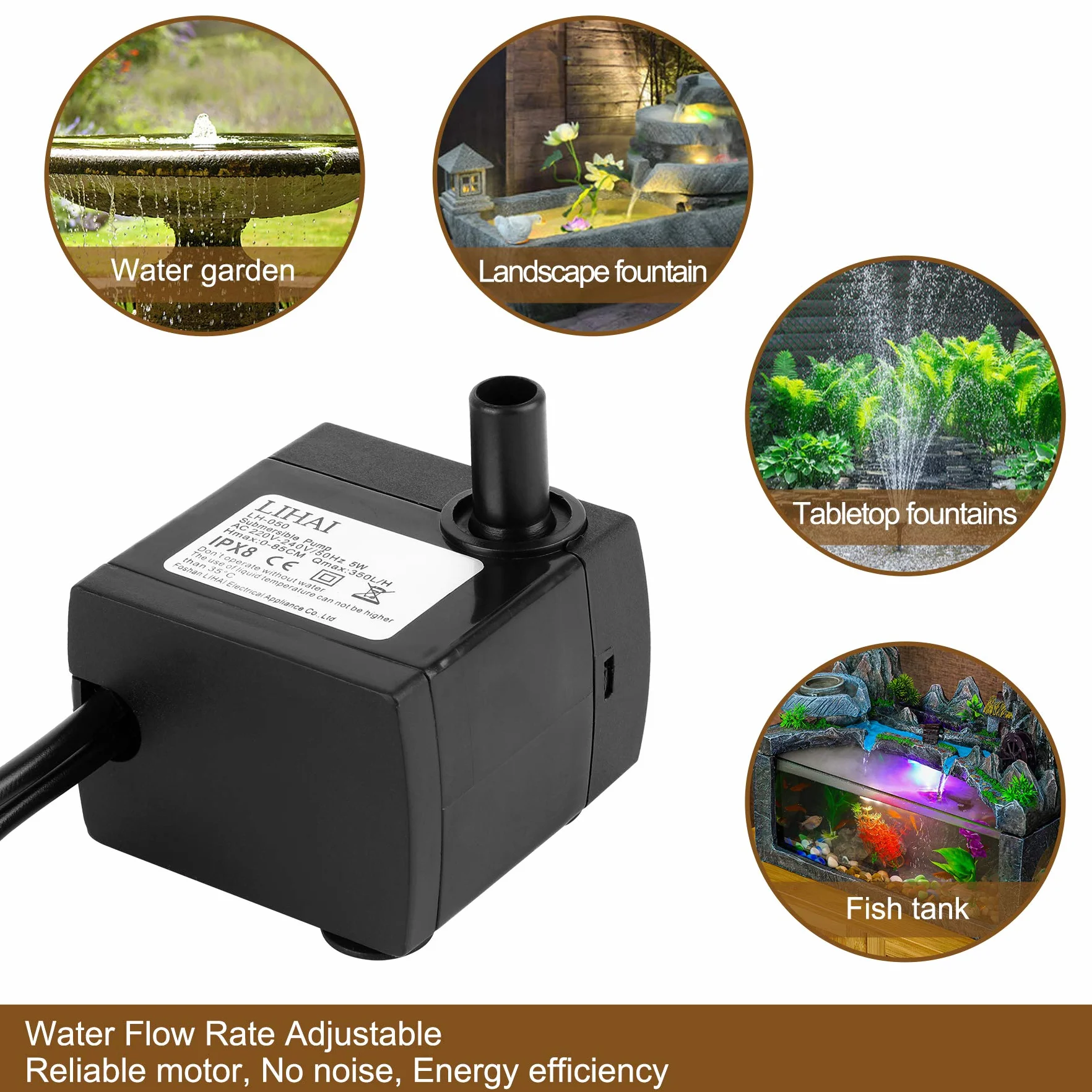 Mini pompa wodna z 4 diodami LED, 350 l/h, 3,5 W, do akwarium, pompa wodna do ogrodu, studni, ogrodu skalnego, pompa do akwarium, pompa zanurzeniowa, maks. wysokość tłoczenia 0,85 m