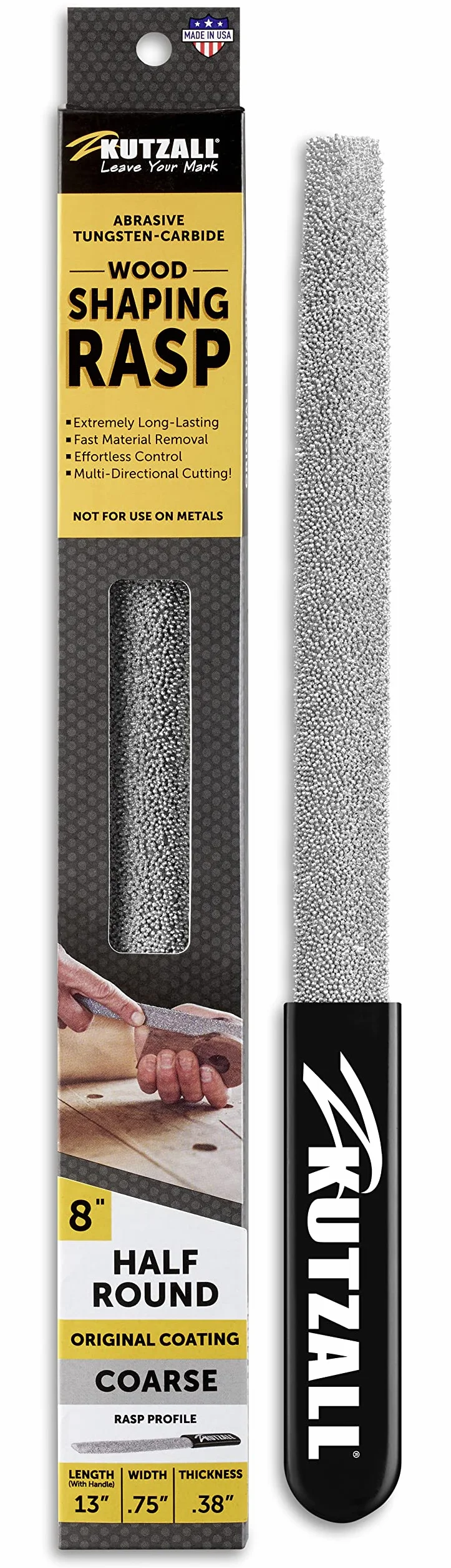 Kutzall Original 8" Half-Round Hand Rasp - Coarse, For Woodworking & Shaping, W/ Ergonomic Soft Grip Handle, Abrasive Tungsten Carbide Coating - 13" (330.2mm) Overall Length - HR8330