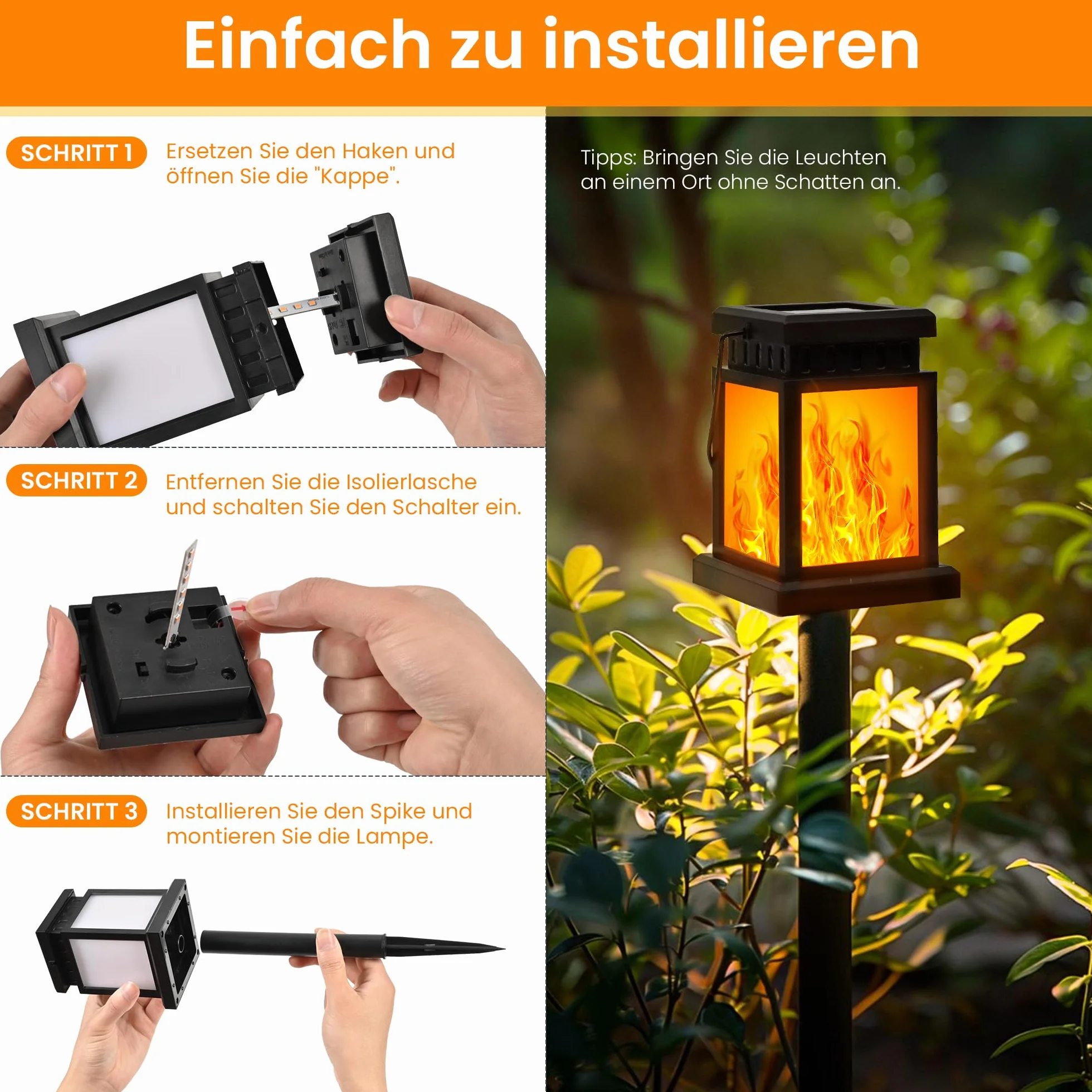 GIGALUMI Wiszące zewnętrzne lampy solarne, 4 sztuki, efekt płomienia, latarnie solarne do użytku na zewnątrz, IP44, wodoszczelne, dekoracja ogrodowa, odporna na warunki atmosferyczne