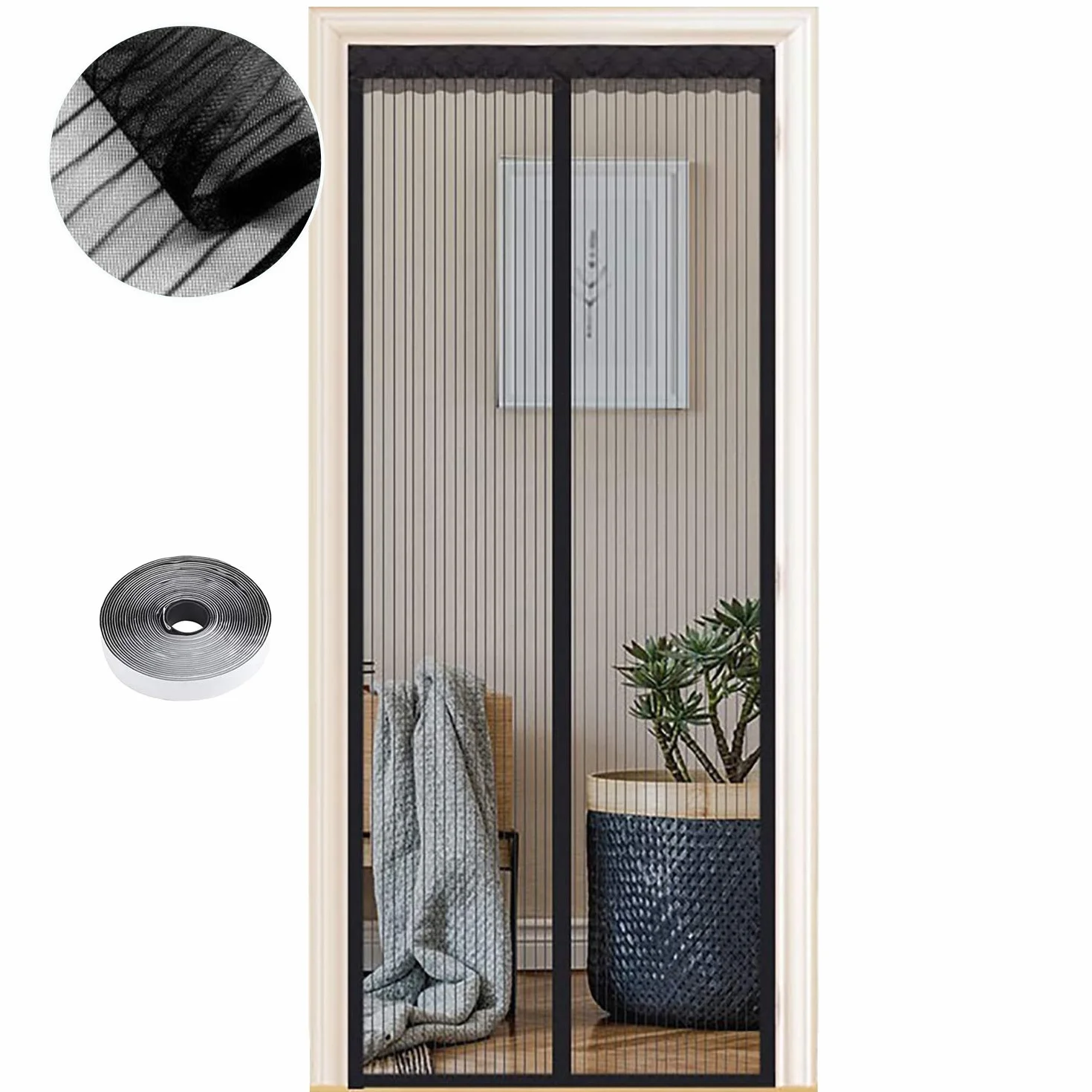 Moskitiera magnetyczna na drzwi 75x215 cm czarne paski automatyczne zamykanie
