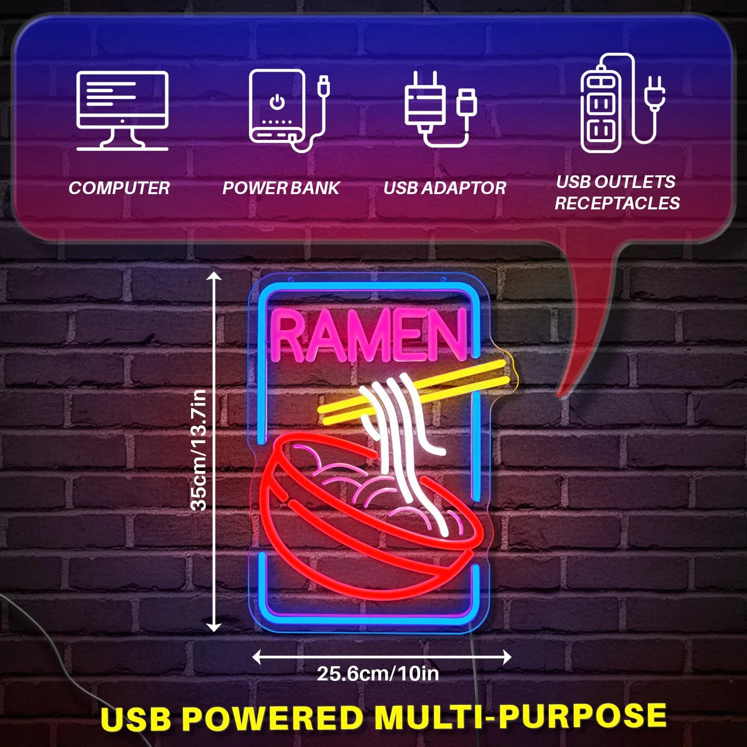 RAMEN Neonowy szyld do dekoracji ściennej, neonowe światło LED, tabliczka wisząca, zasilanie USB z przełącznikiem ściemniania, do sypialni, salonu, pokoju zabaw
