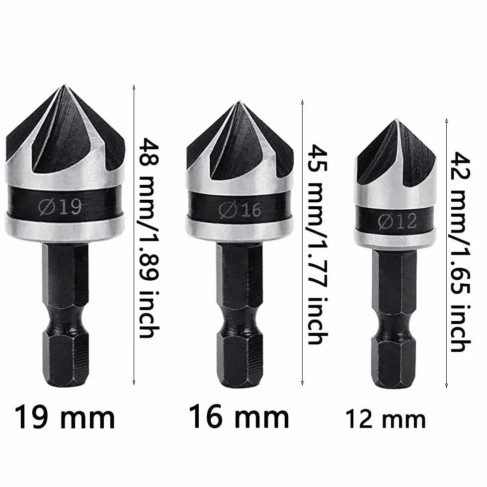 6 sztuk frez do fazowania 90 stopni, 5 fletów frez do fazowania, wiertło do fazowania ze stali węglowej, narzędzia do fazowania, do wiercenia i fazowania (12 mm, 16 mm, 19 mm)