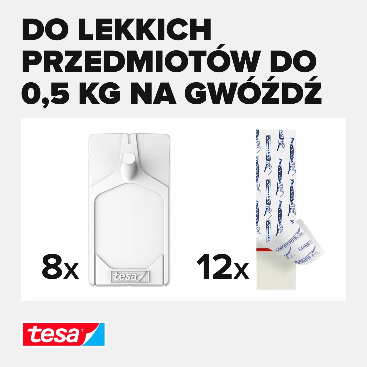 tesa Gwoździe samoprzylepne do tapet i tynku 0,5 kg w opakowaniu 4 szt. – samoprzylepne paznokcie do delikatnych powierzchni – bez pozostawiania śladów – do 0,5 kg udźwigu na gwóźdź – 4 x 2 gwoździe