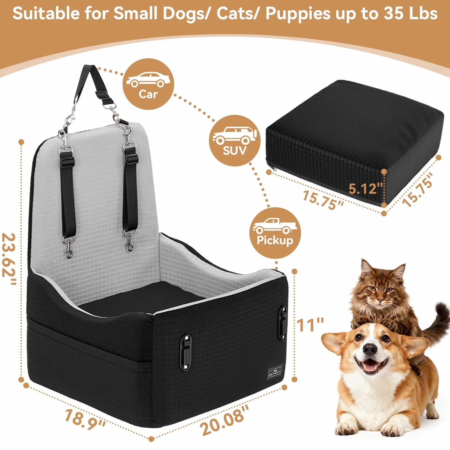 PETSFIT Podwyższony fotelik samochodowy dla małych/średnich psów o wadze do 15 kg – 15 cm, podwyższona poduszka obserwacyjna, smycz bezpieczeństwa 700N, antypoślizgowa podstawa, nadająca się do prania