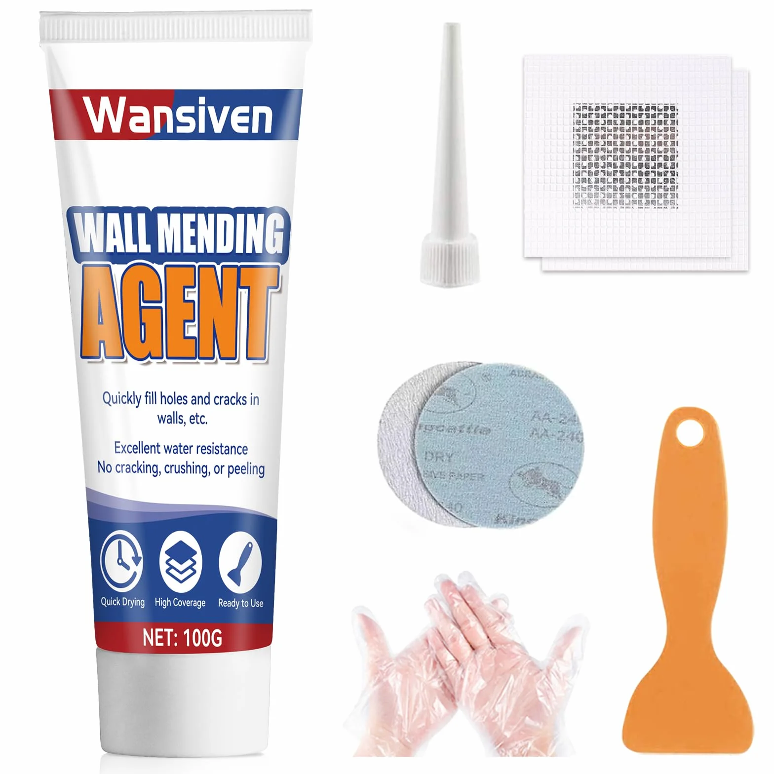 Wansiven Krem do naprawy ścian, wodoodporny biały zestaw wypełniaczy ściennych, pasta Rapair do wypełniania pęknięć i powierzchni tynkowych, ze skrobakiem i łatką naprawczą (100 g)