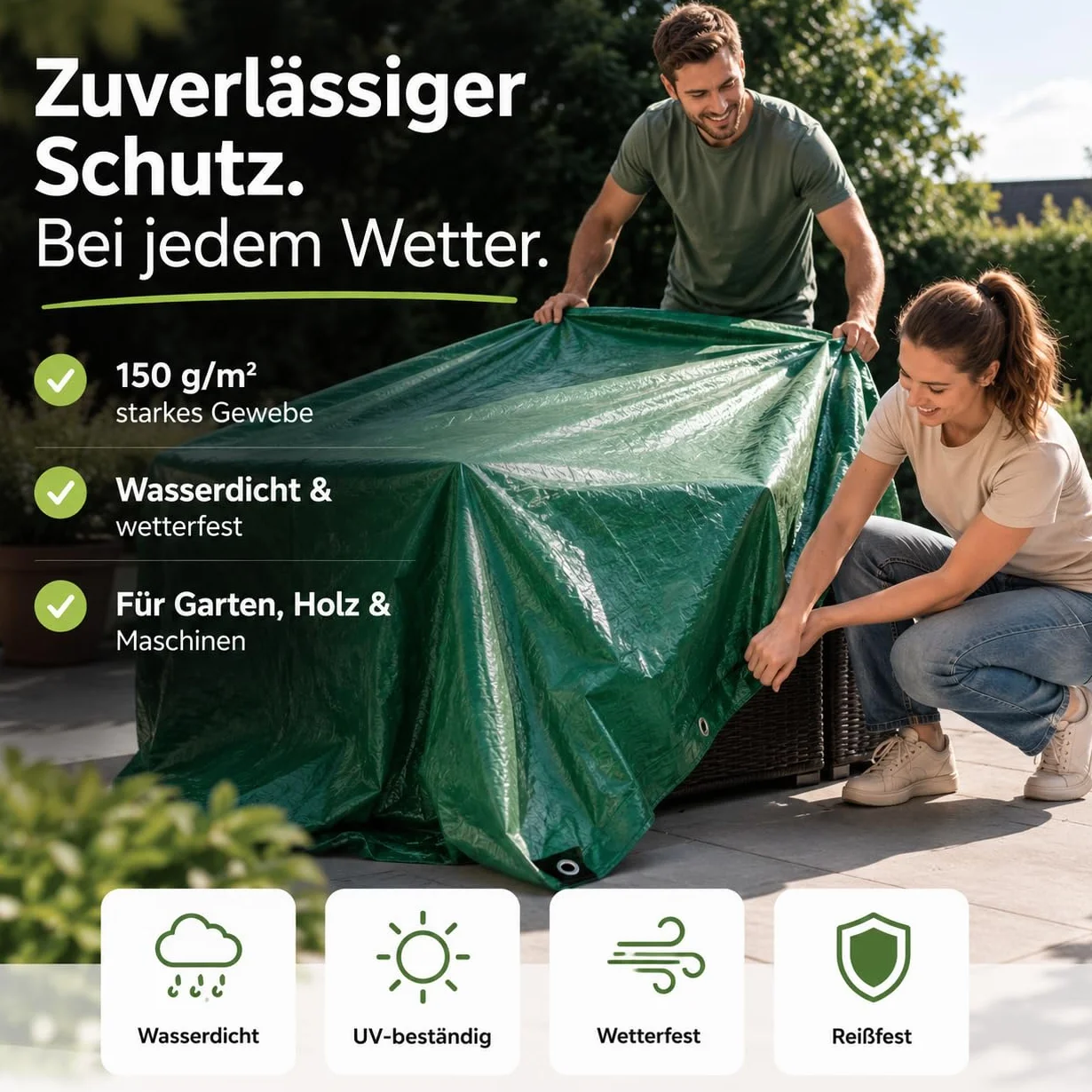 Plandeka ochronna i ogrodowa 3 x 3 m, 150 g/m², zielona – uniwersalna plandeka do kempingu i ogrodu