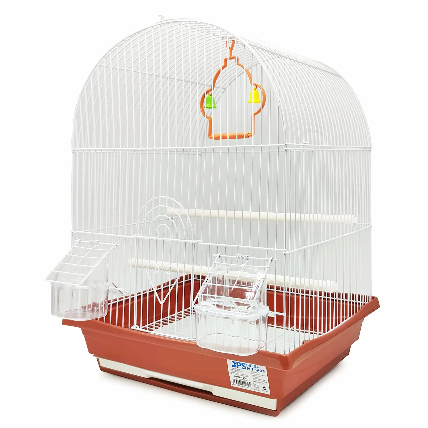 BPS BUENA PET SHOP Klatka dla ptaków na papugę kanarkową z karmnikiem, miska do picia, 2 wieszaki, huśtawka, trwała, brązowa, 34,5 x 28 x 49,5 cm