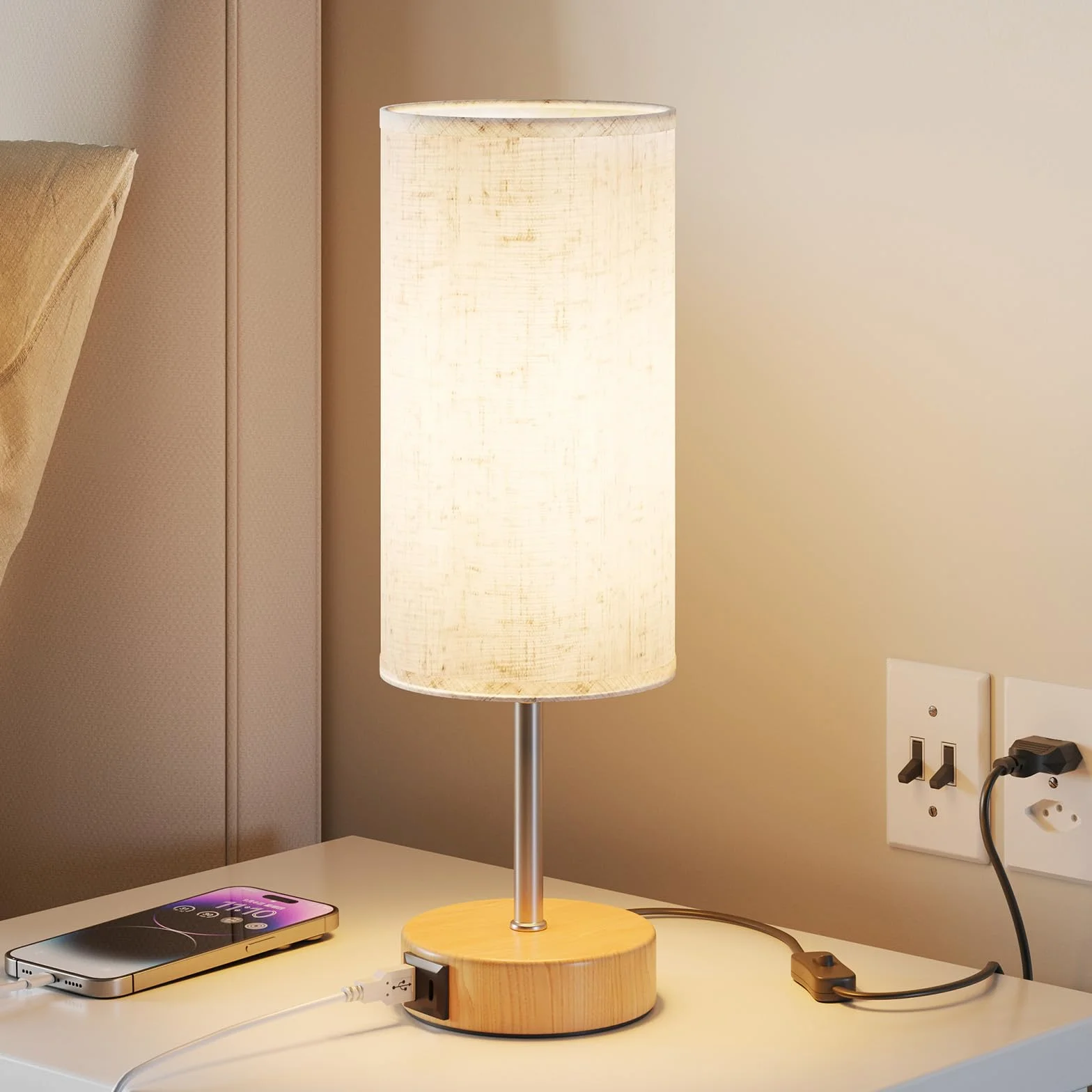 Lampka nocna z funkcją ładowania przez porty USB A i USB-C, dotykowa lampka nocna, ściemniana, 3 stopnie ciepłego światła, do sypialni i salonu, przewód zasilający 1,5 m (żarówka E27 w