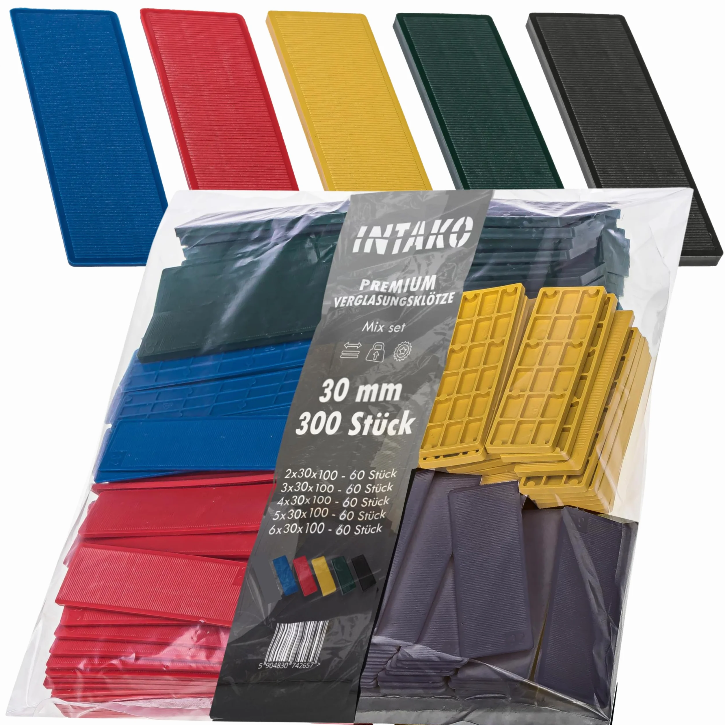 INTAKO Podkładki Dystansowe 30mm x 100mm x 2-6mm - Zestaw MIX 300 Sztuk - Kliny Montażowe Plastikowe do Okien, Drzwi, Szklenia - 60 Sztuk z Każdej Grubości