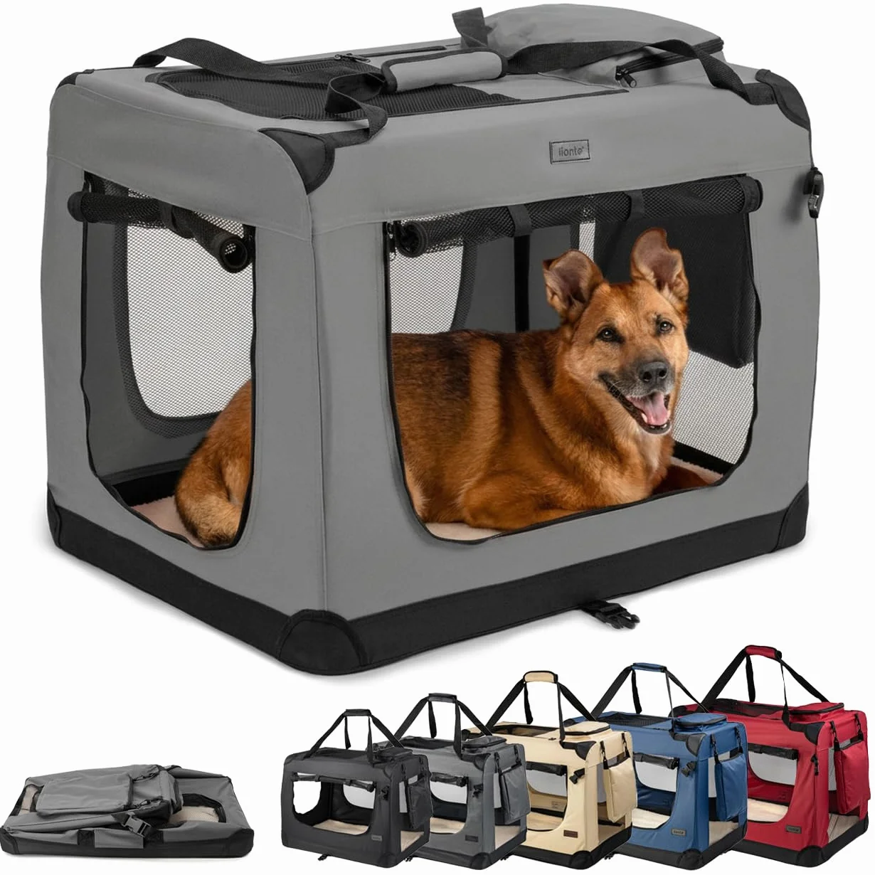 lionto Składany transporter dla psa do podróży i samochodu, 82x58x58 cm, wytrzymały transporter z uchwytami i kocem dla kota i psa do 18 kg, mocna torba z tkaniny, szary