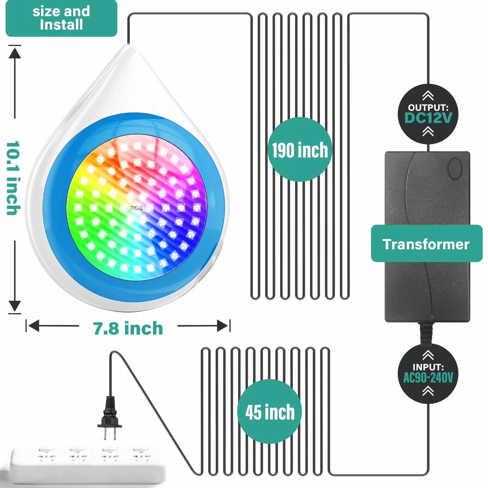 Podwodne światło LED RGB, zmiana kolorów, 12 V, oświetlenie basenowe LED, sterowanie za pomocą aplikacji, oświetlenie basenowe, oświetlenie basenowe, podwodny reflektor basenowy z kablem o