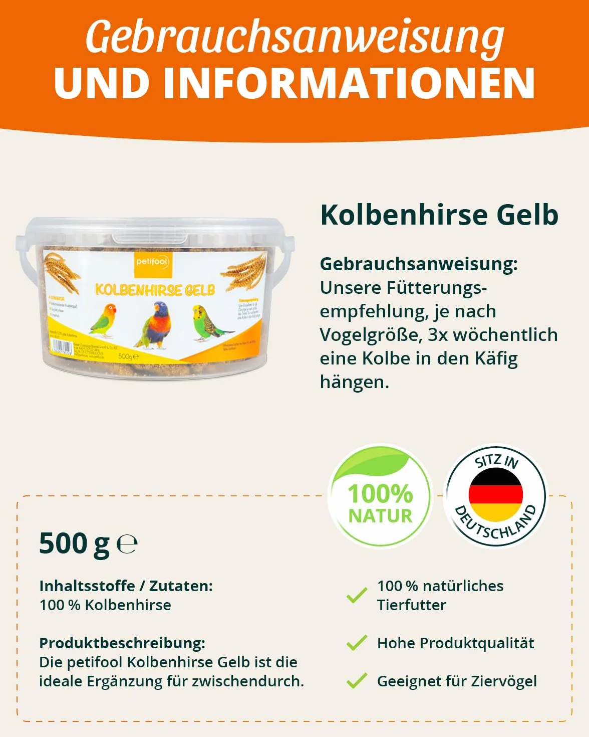 petifool Proso kolby żółte 500 g – pasza dla wszystkich ptaków ozdobnych – karma dla ptaków – 100% naturalna