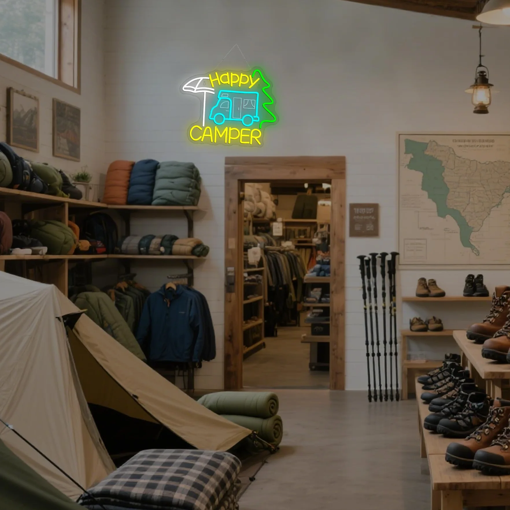 Szyld neonowy Happy Camper, szczęśliwy camper LED, napis LED do kamperów, reklama świetlna do dekoracji miejsc takich jak kemping, pikniki, biwak, namiotowe miejsce, taras, ogród