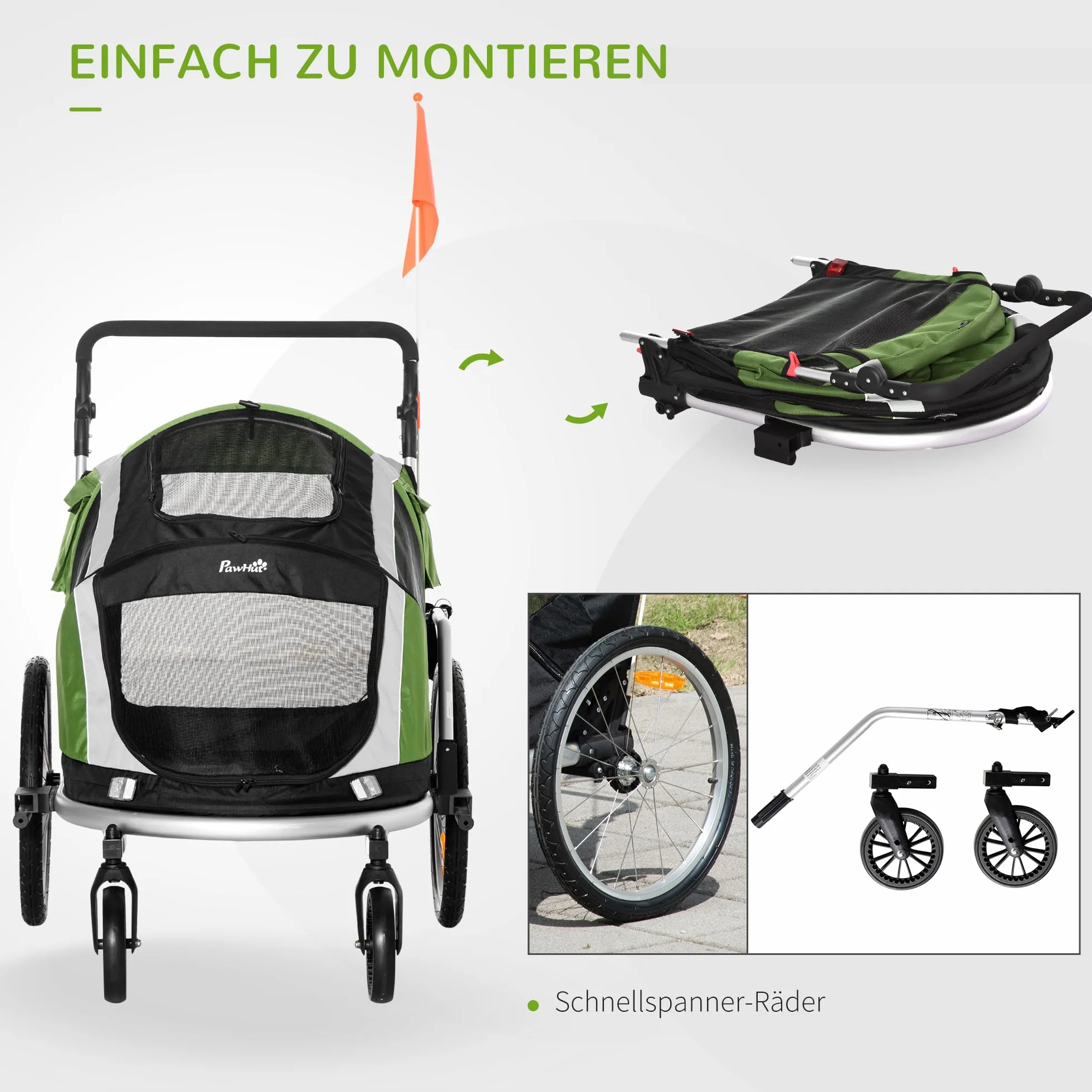 PawHut 2-in-1 Hundeanhänger klappbar Haustier Fahrradanhänger Hundetransporter Hunde Fahrrad Anhänger atmungsaktiv Aluminium Oxford Gewebe 150 x 82 x 108 cm